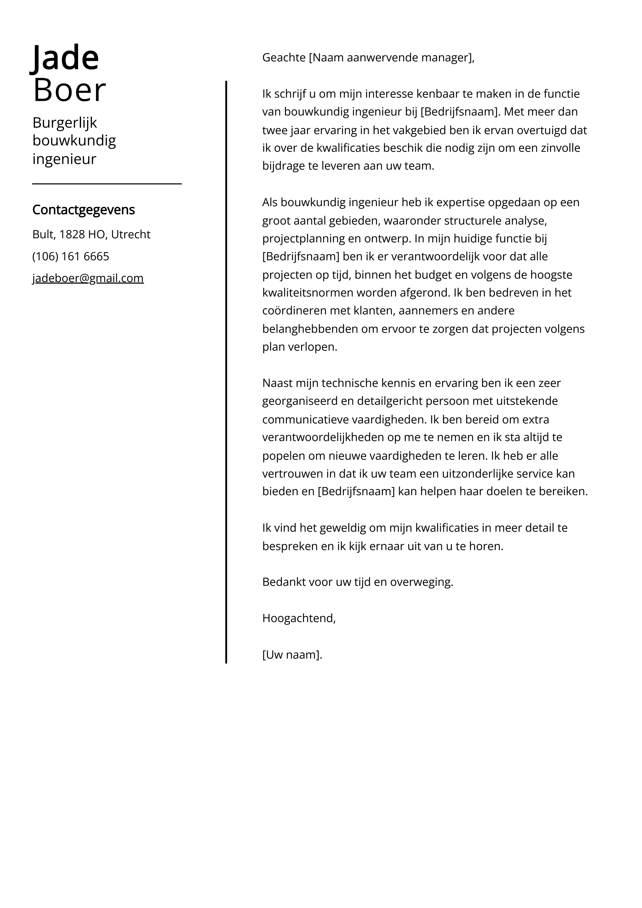 Burgerlijk bouwkundig ingenieur Sollicitatiebrief Voorbeeld