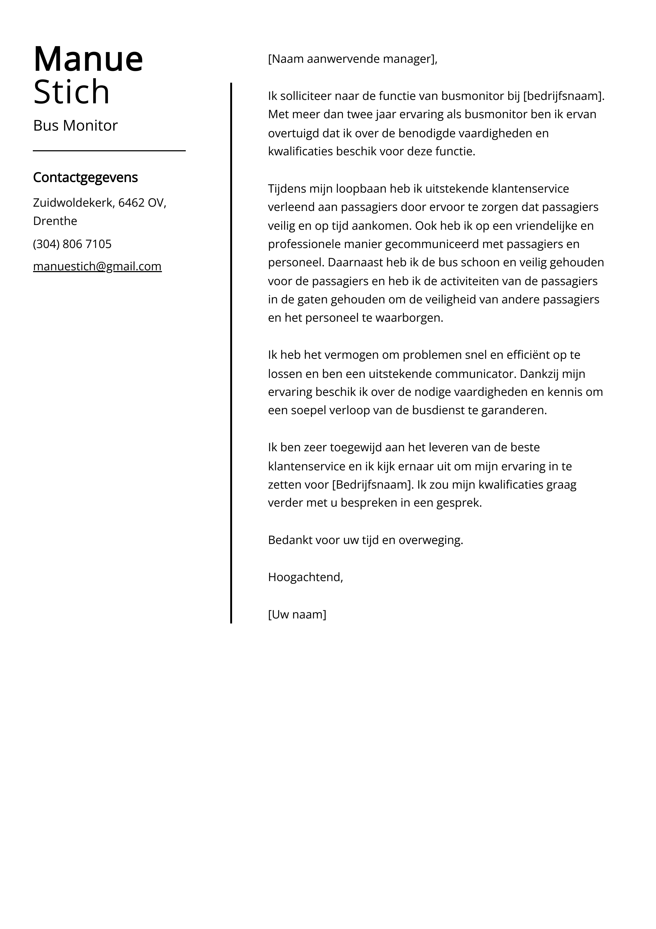 Bus Monitor Voorbeeld sollicitatiebrief