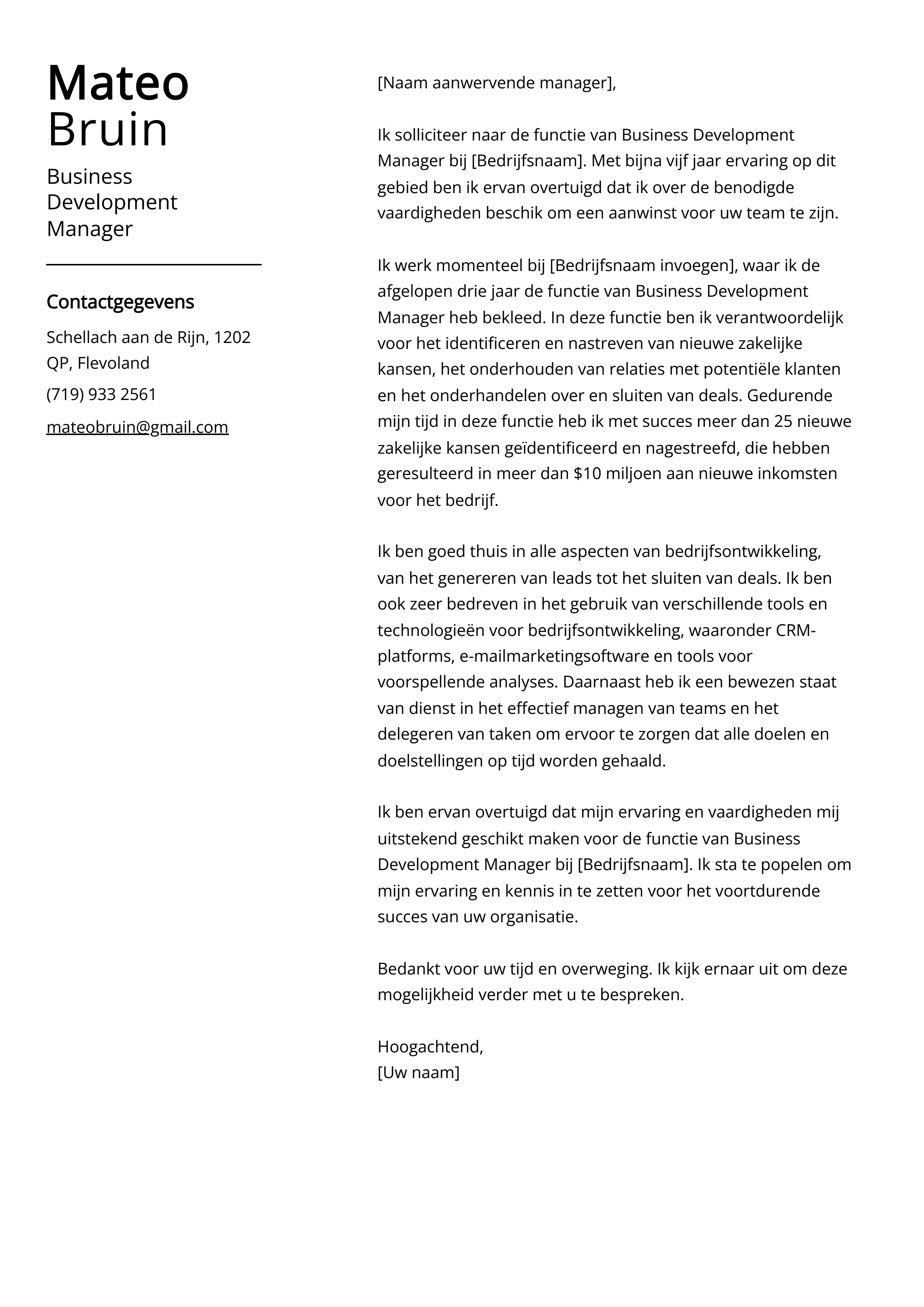 Business Development Manager Voorbeeld sollicitatiebrief