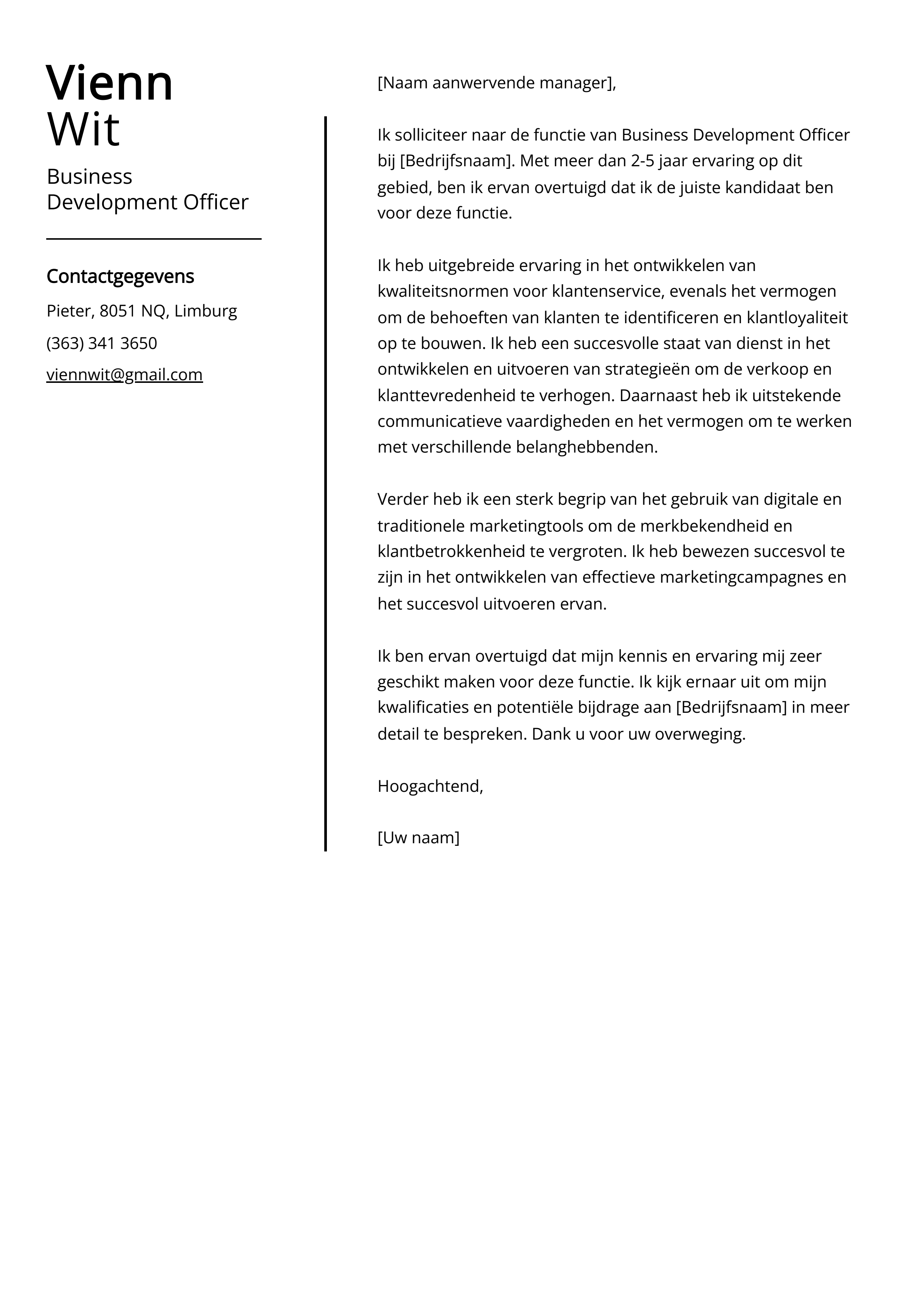 Business Development Officer Voorbeeld sollicitatiebrief