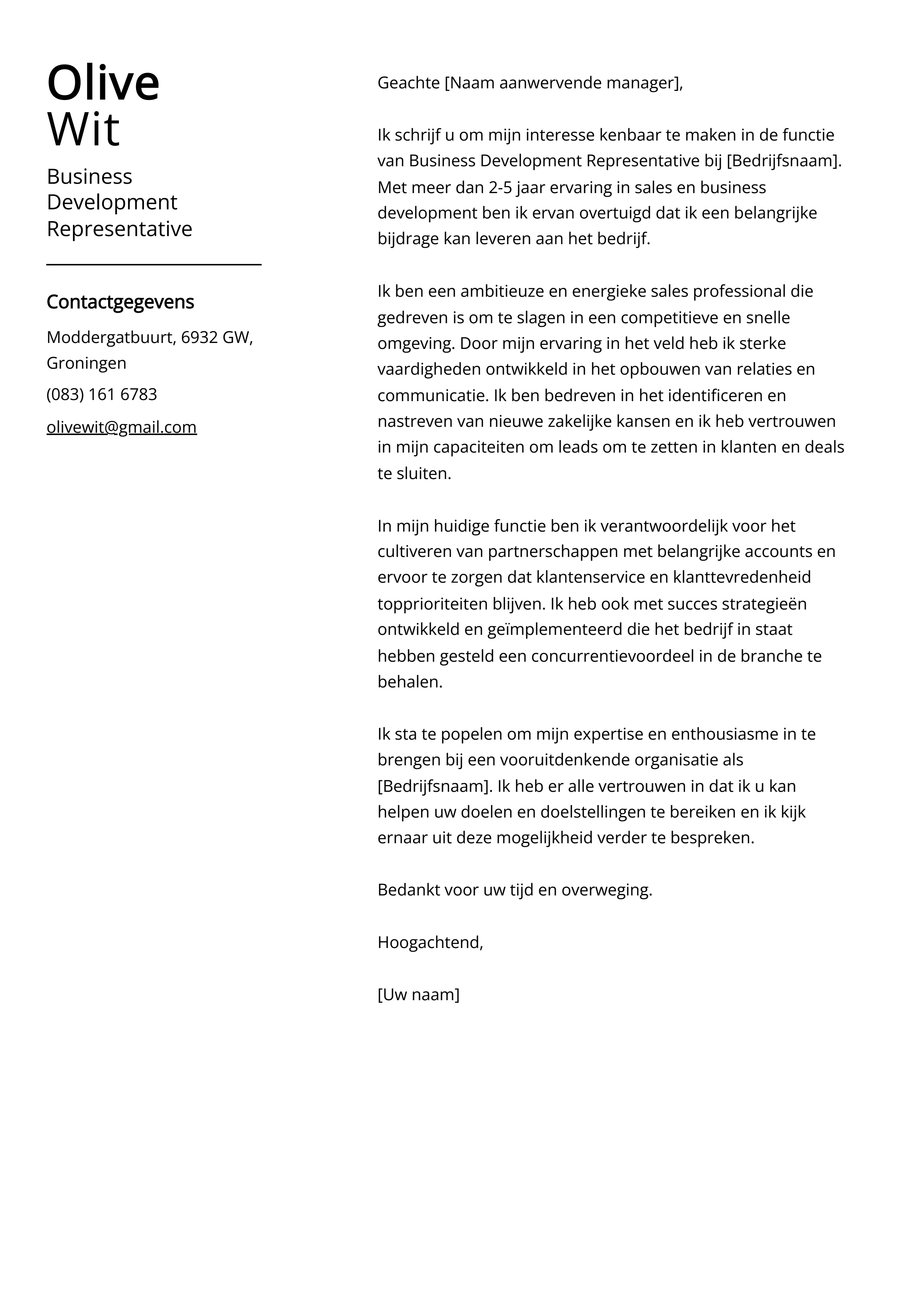 Business Development Representative Voorbeeld sollicitatiebrief