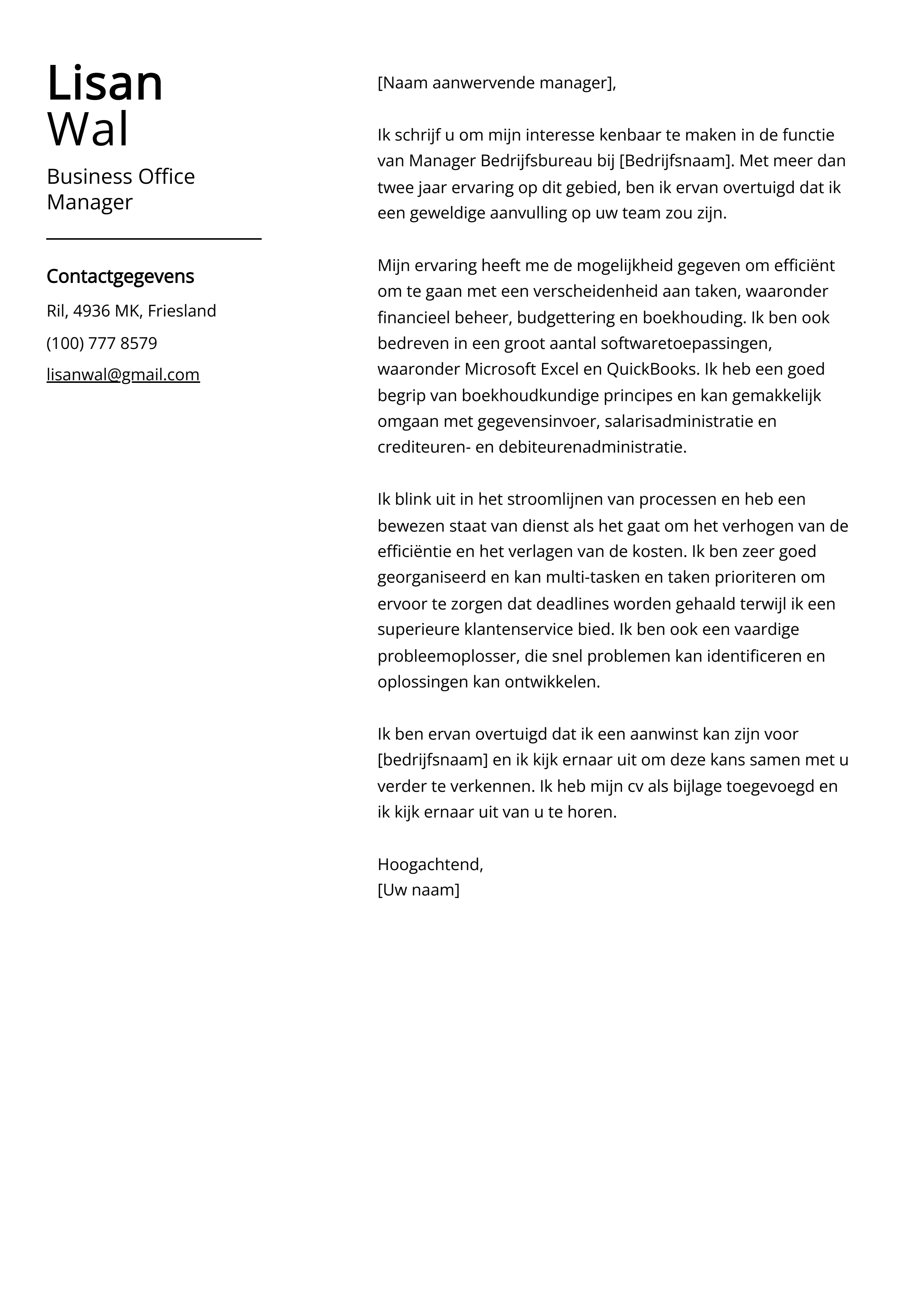 Business Office Manager Voorbeeld sollicitatiebrief