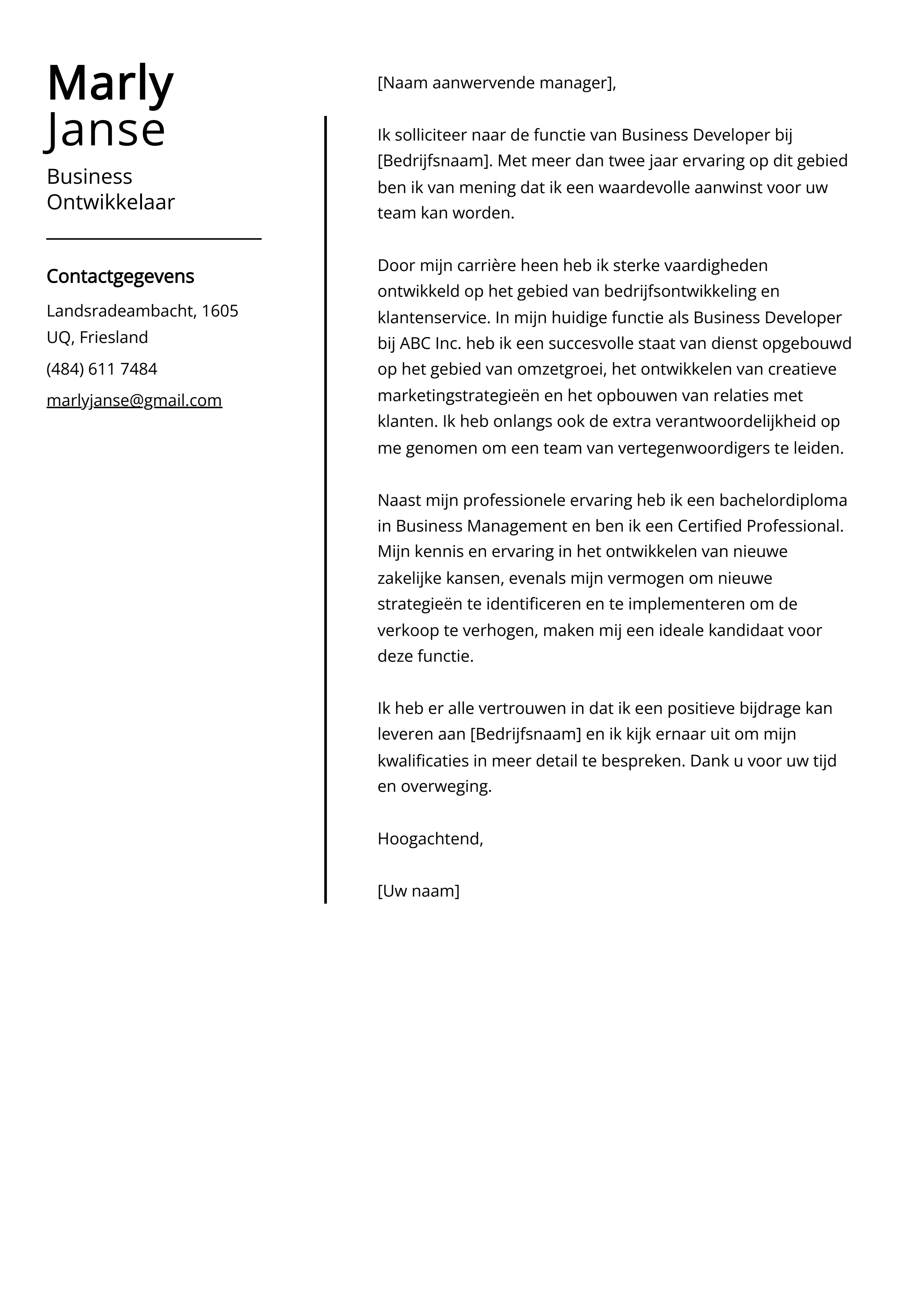 Zakelijke Ontwikkelaar Sollicitatiebrief Voorbeeld