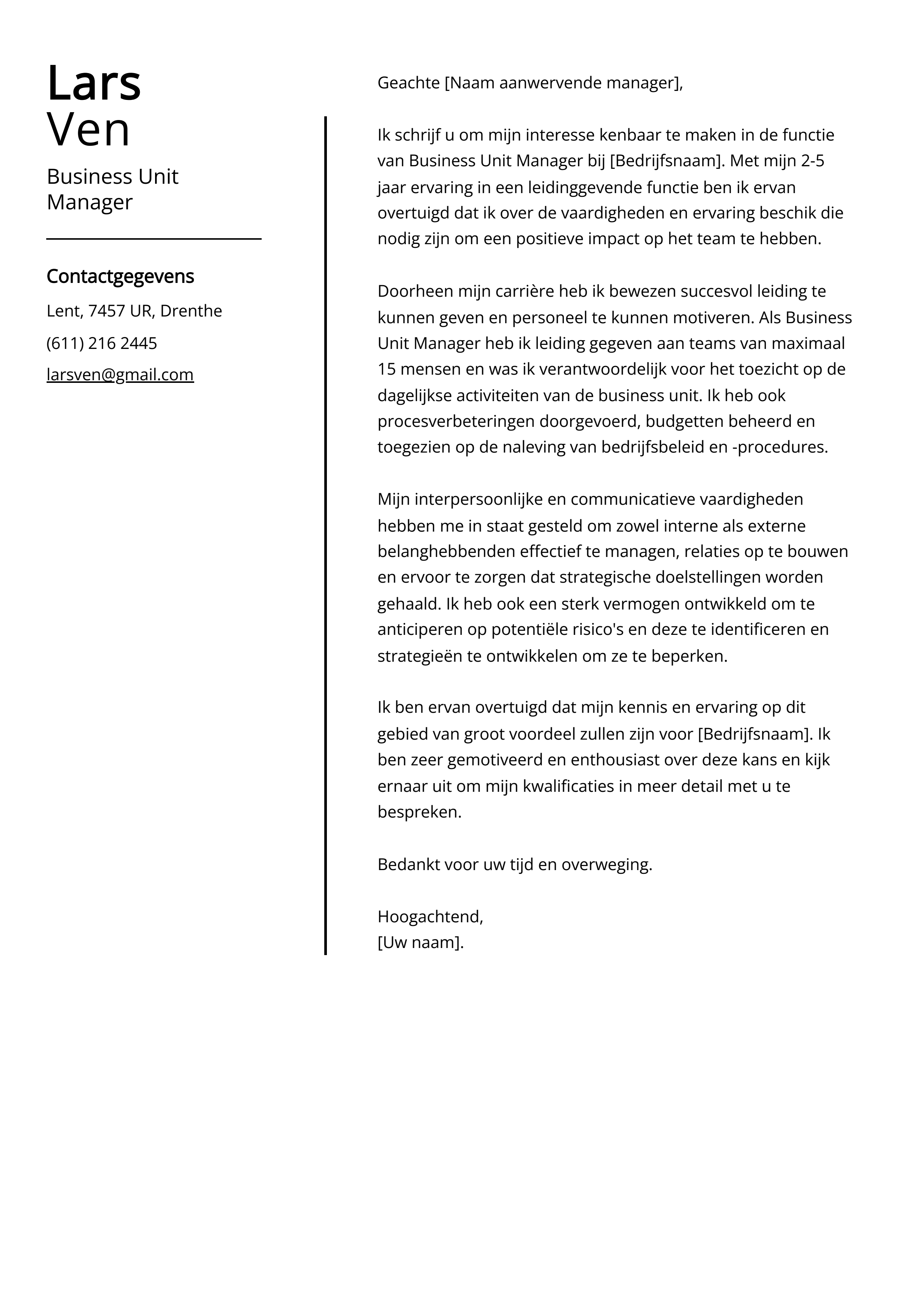 Business Unit Manager Voorbeeld sollicitatiebrief