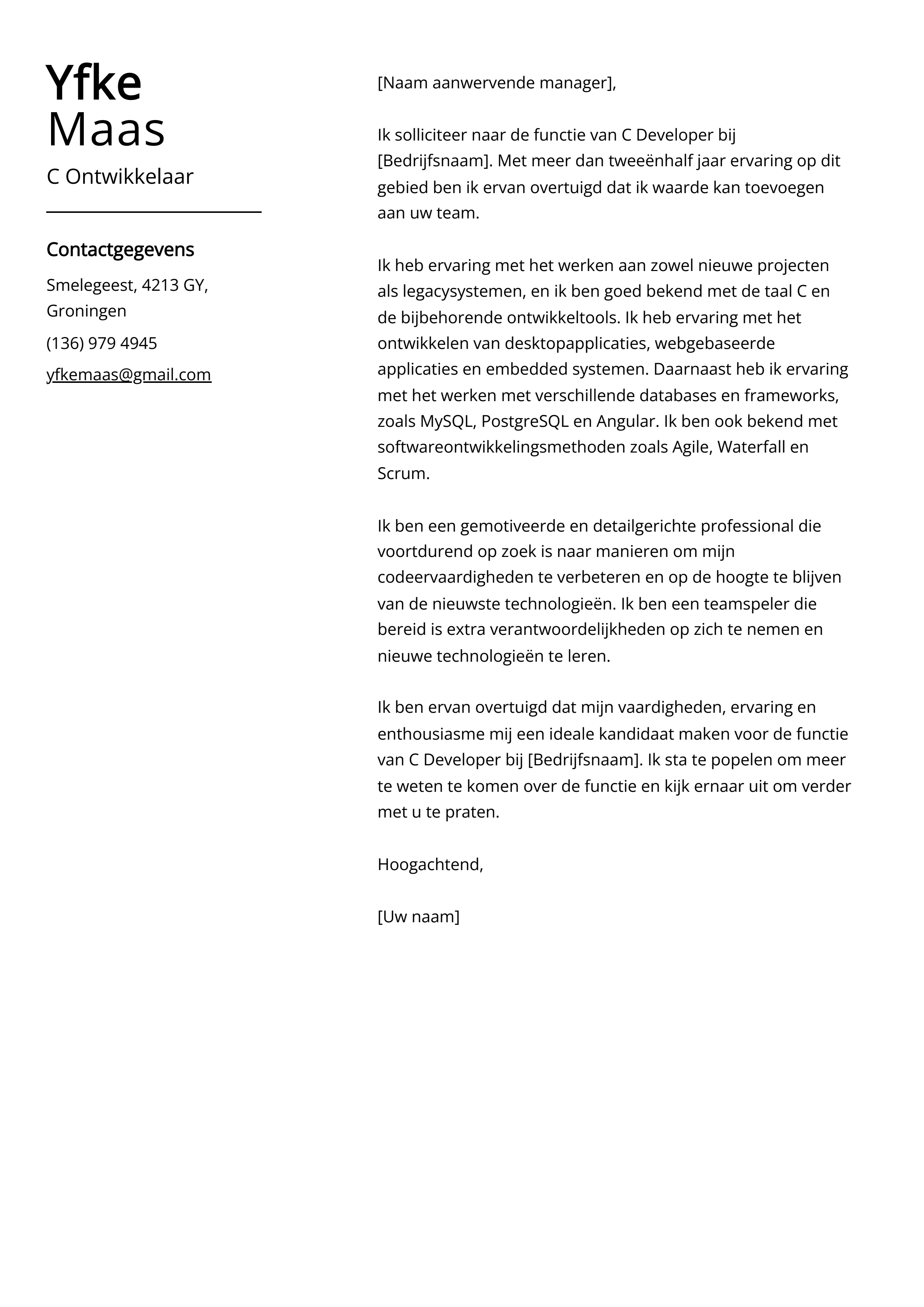 C Ontwikkelaar Sollicitatiebrief Voorbeeld