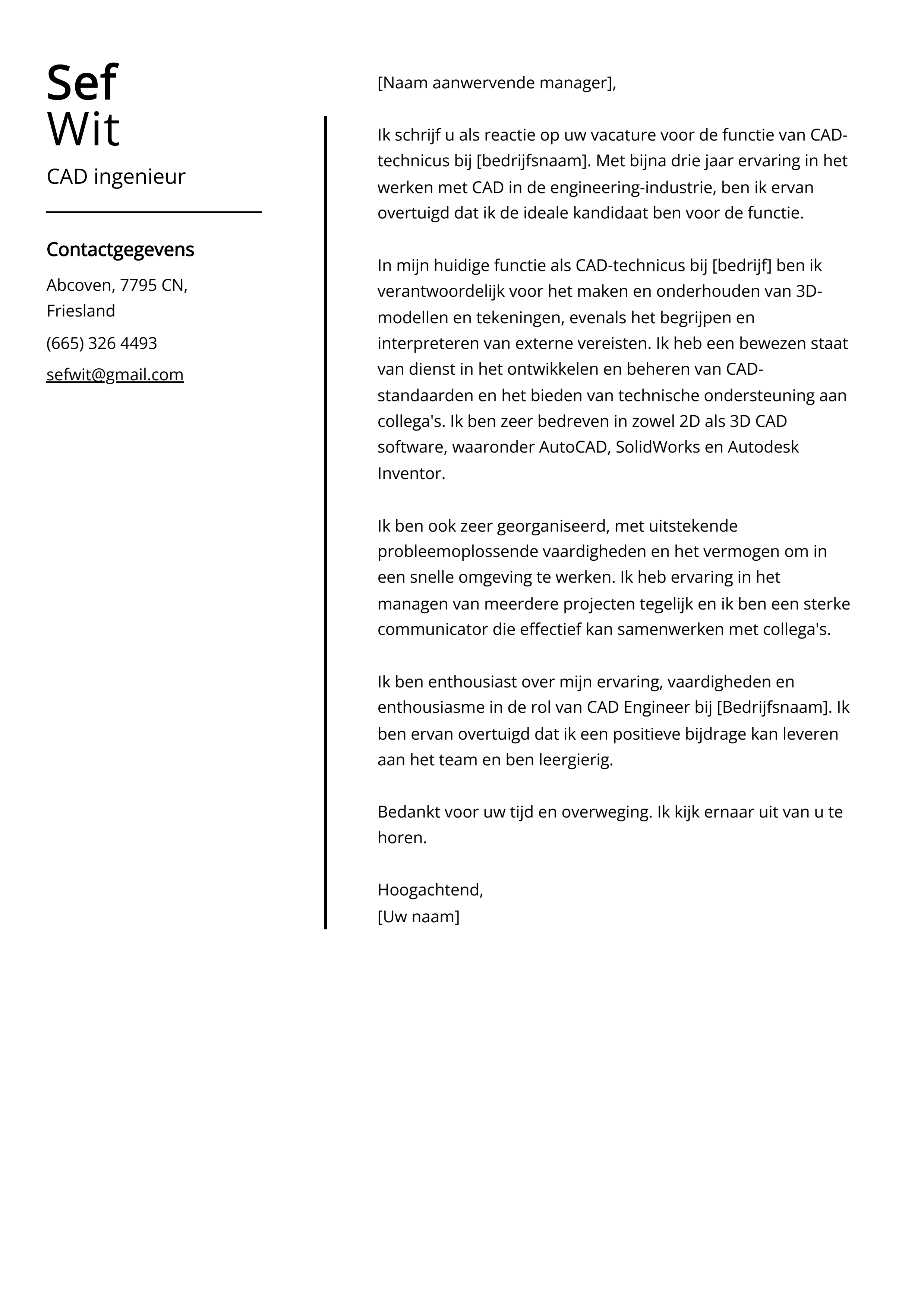 CAD ingenieur sollicitatiebrief voorbeeld