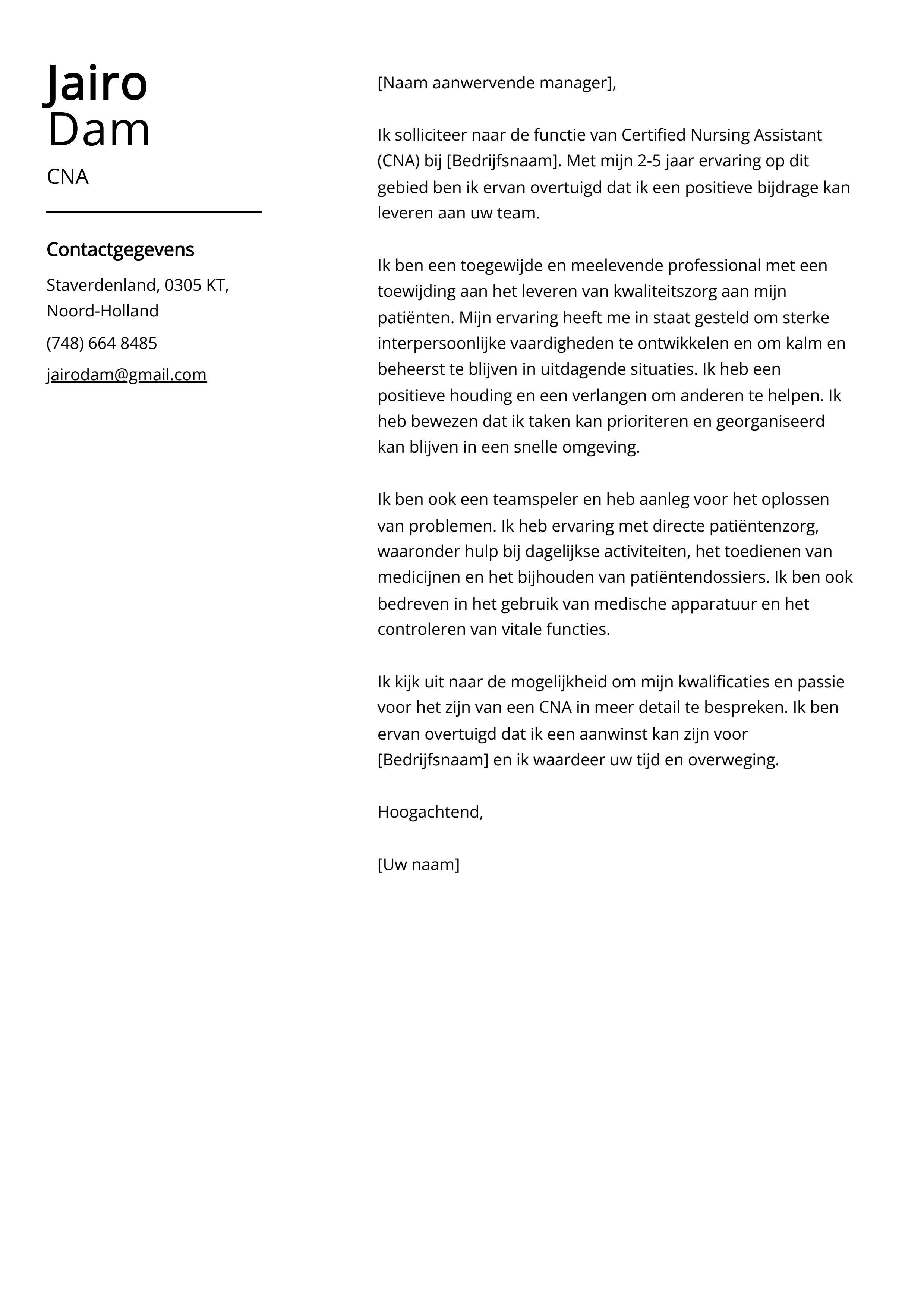 CNA Voorbeeld sollicitatiebrief