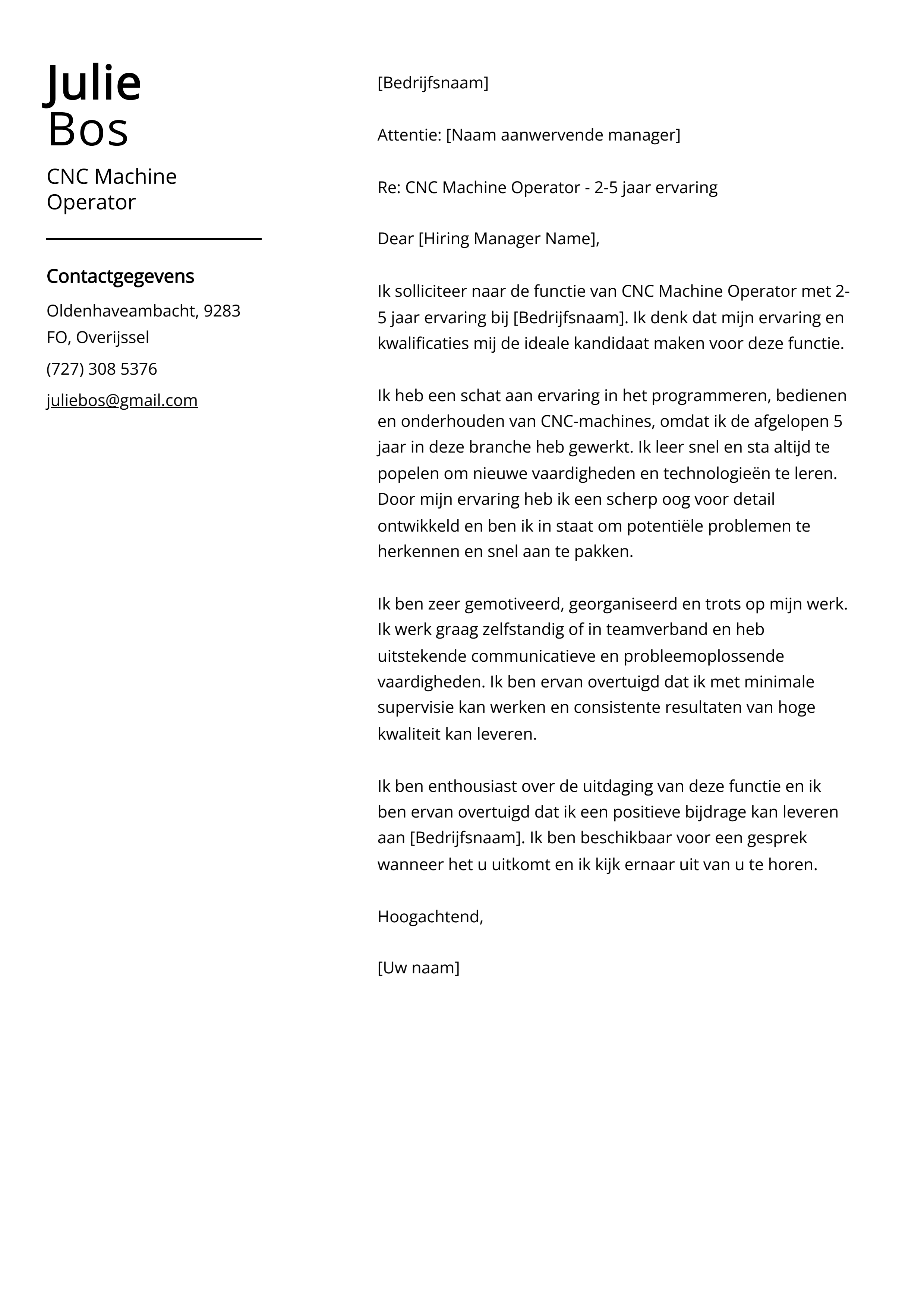 CNC Machine Operator Voorbeeld sollicitatiebrief