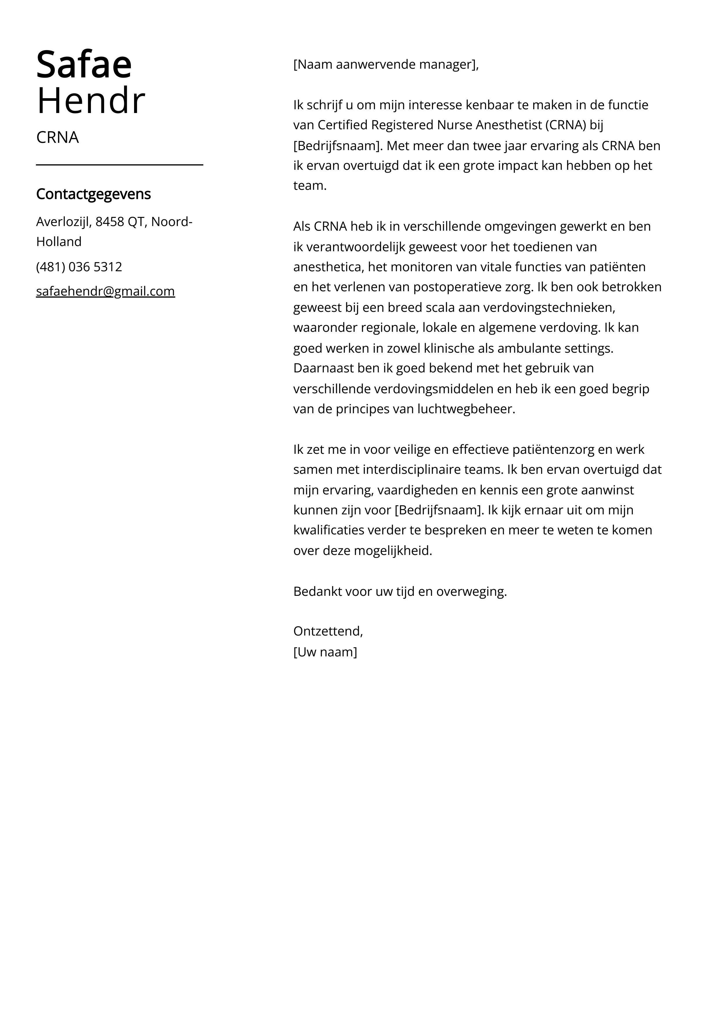 CRNA Voorbeeld sollicitatiebrief