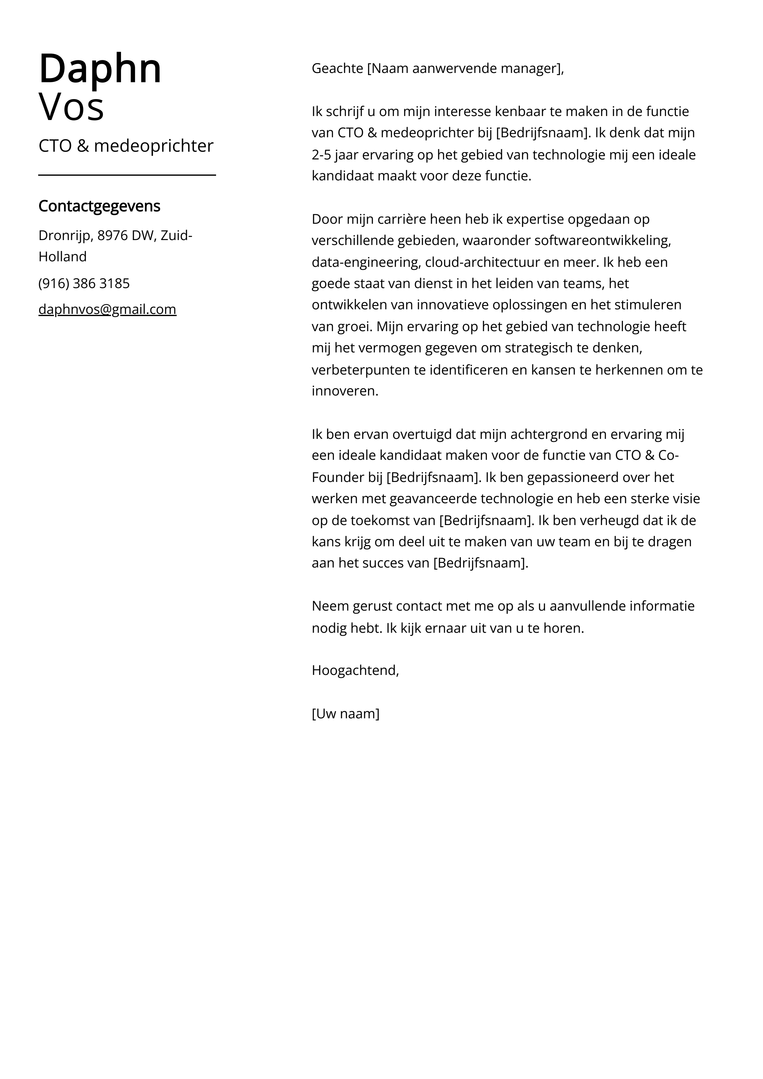 CTO & medeoprichter Voorbeeld sollicitatiebrief