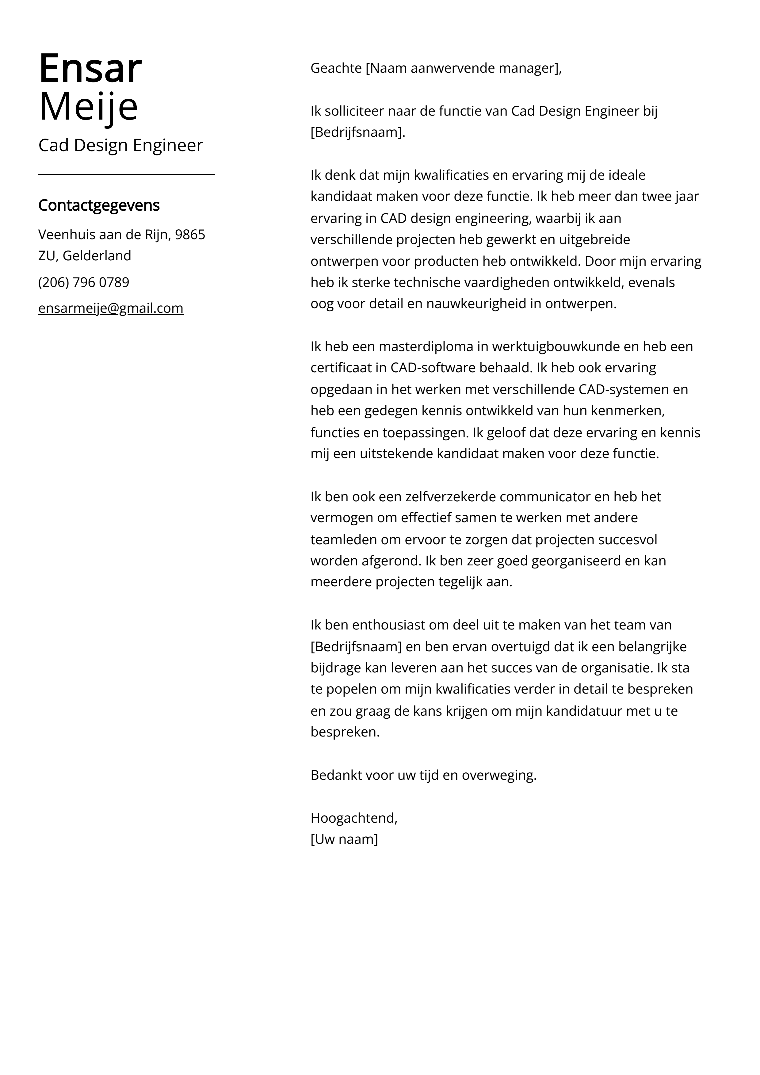 Cad Design Engineer Voorbeeld sollicitatiebrief