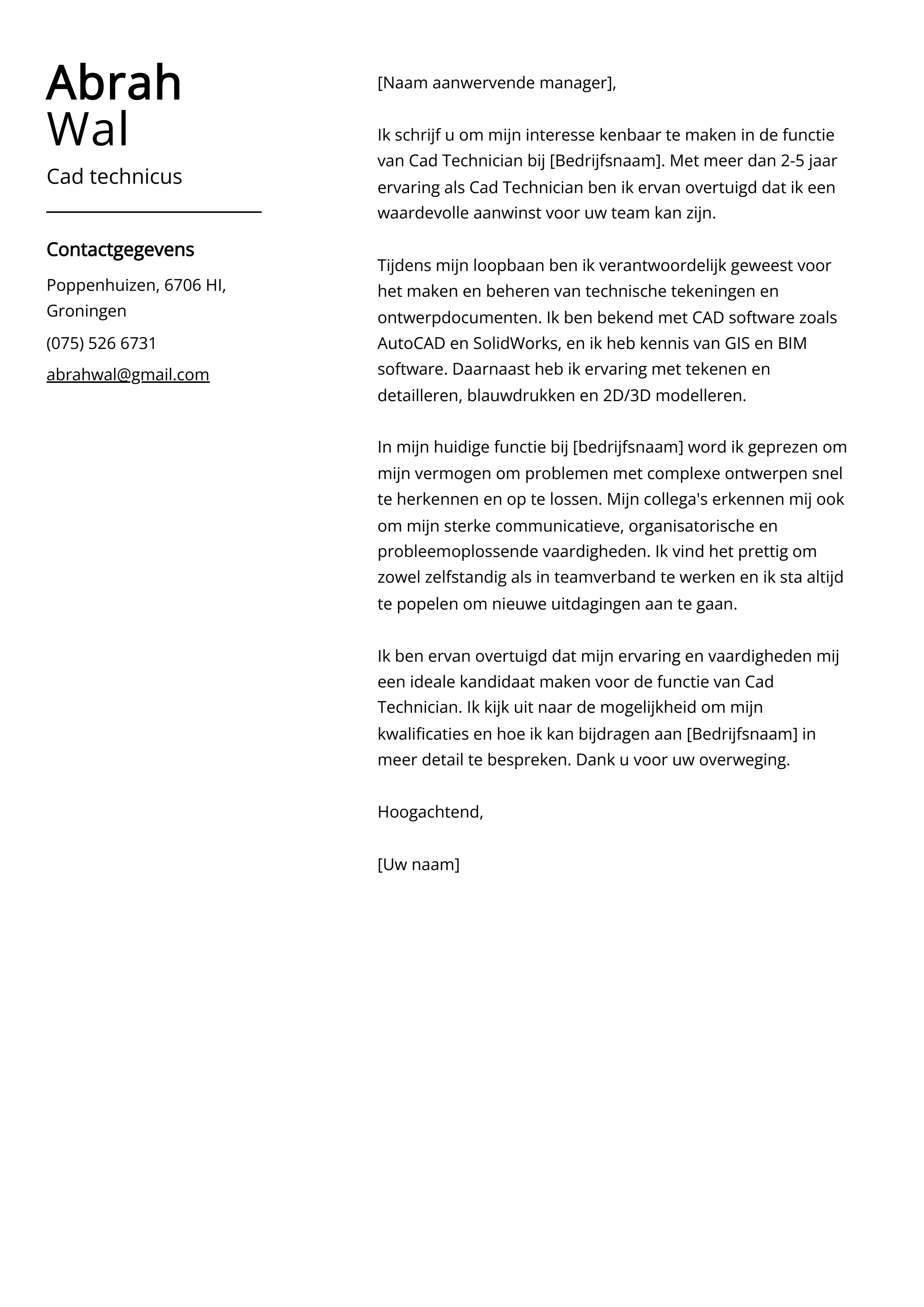 Cad technicus sollicitatiebrief voorbeeld