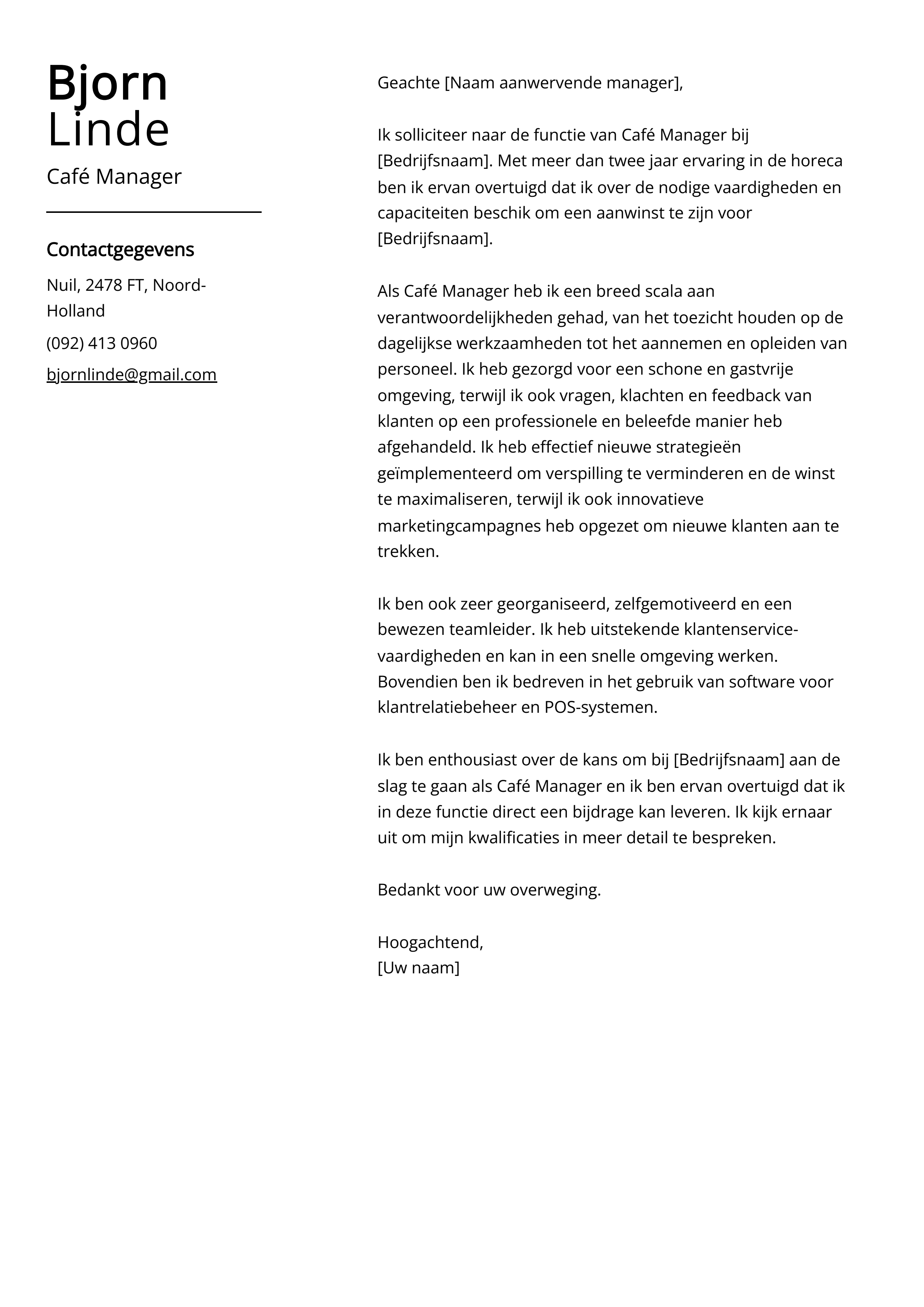 Café Manager Sollicitatiebrief Voorbeeld