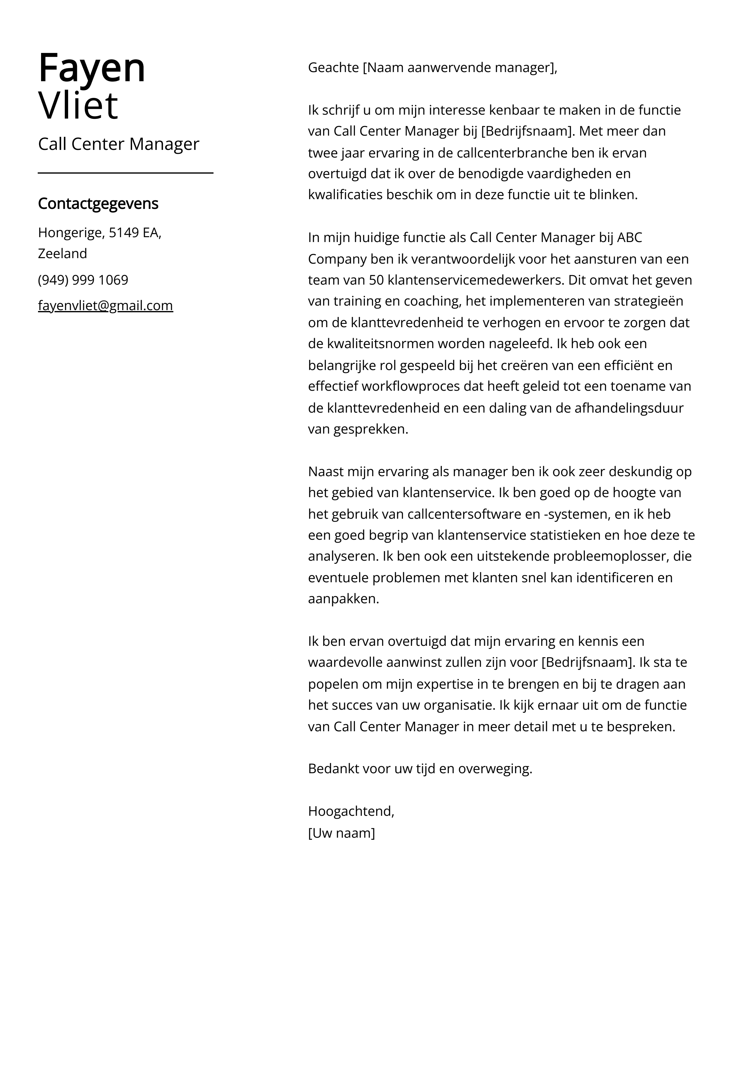 Call Center Manager Voorbeeld sollicitatiebrief