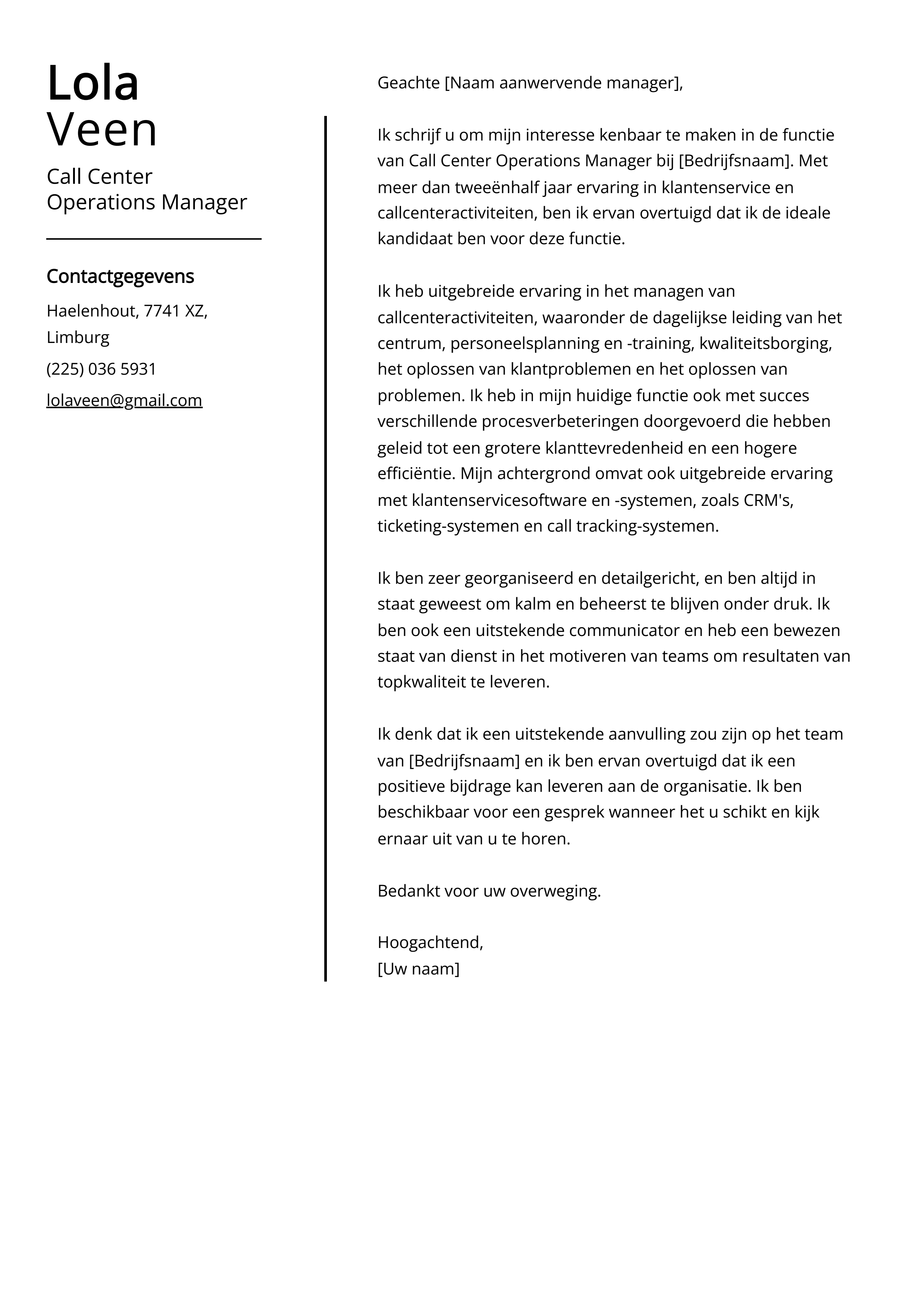 Call Center Operations Manager Voorbeeld sollicitatiebrief