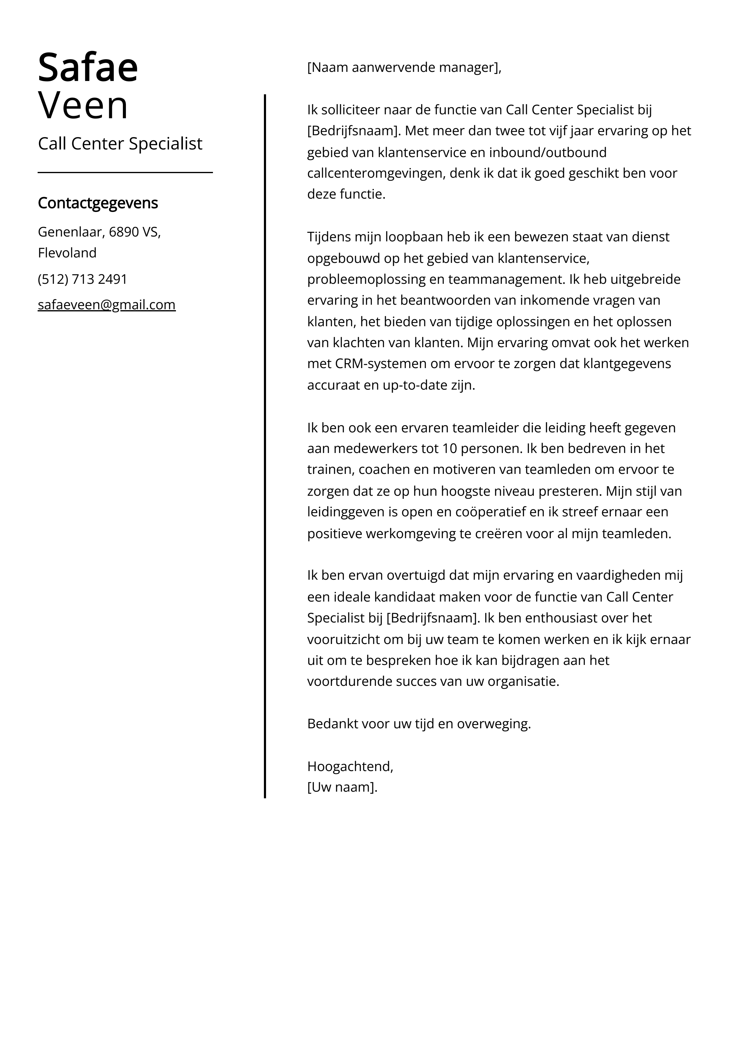 Call Center Specialist Voorbeeld sollicitatiebrief