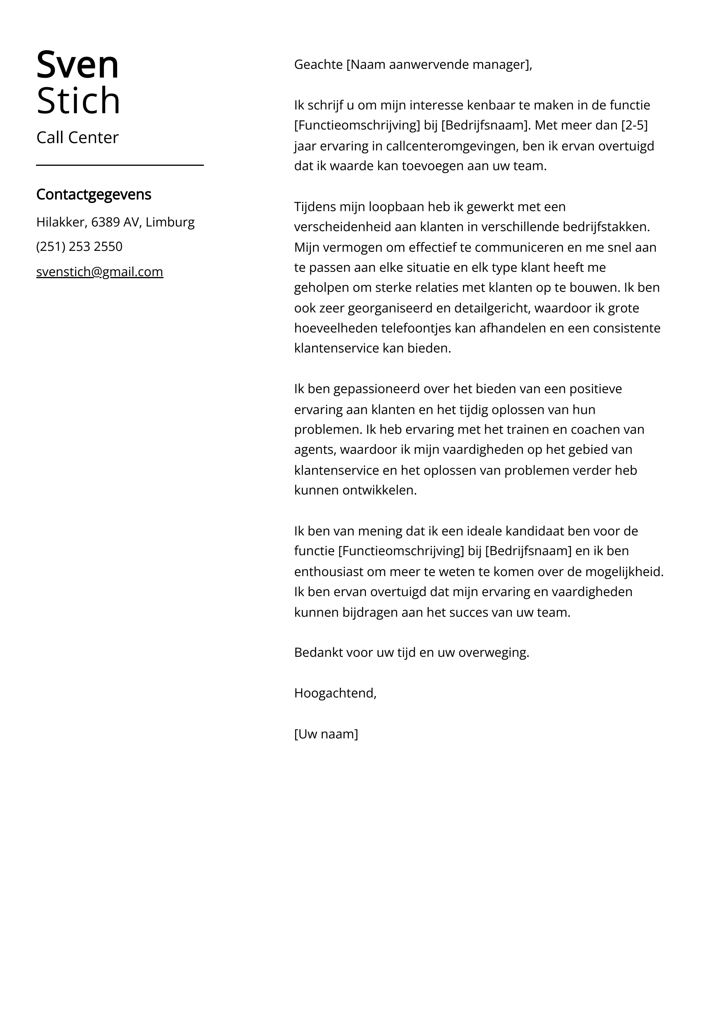 Call Center Voorbeeld sollicitatiebrief