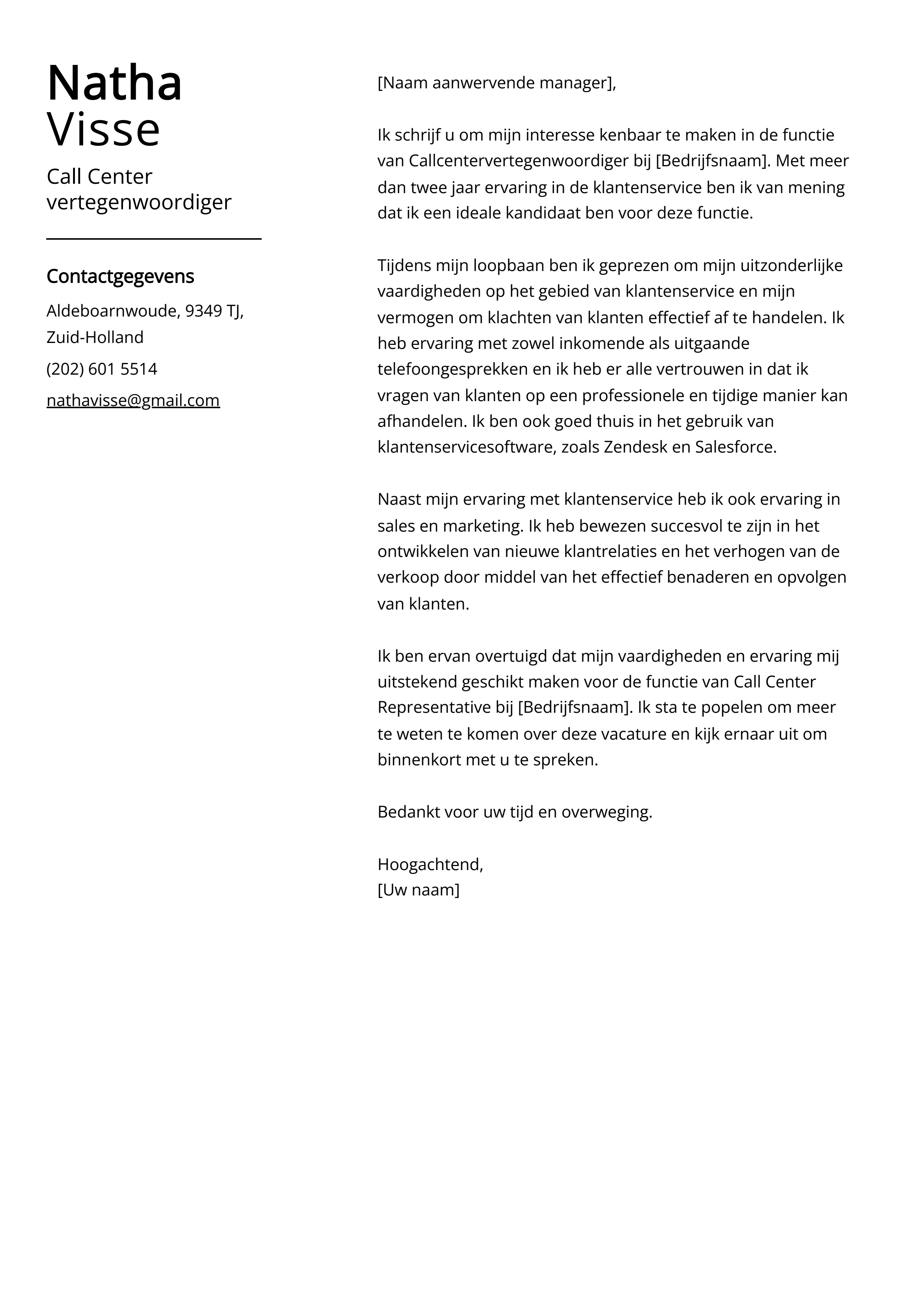 Call Center vertegenwoordiger Cover Letter Voorbeeld