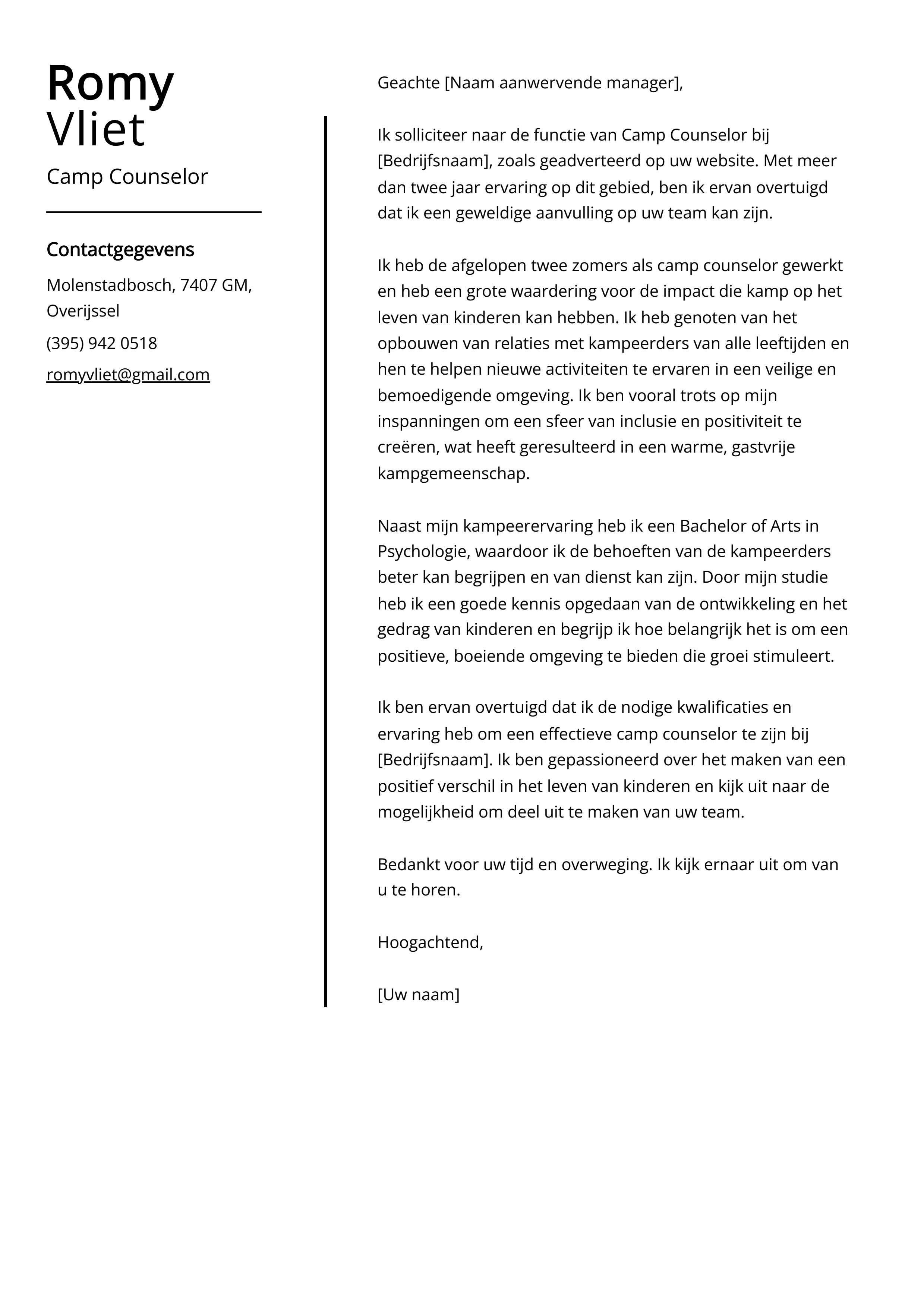 Camp Counselor Voorbeeld sollicitatiebrief