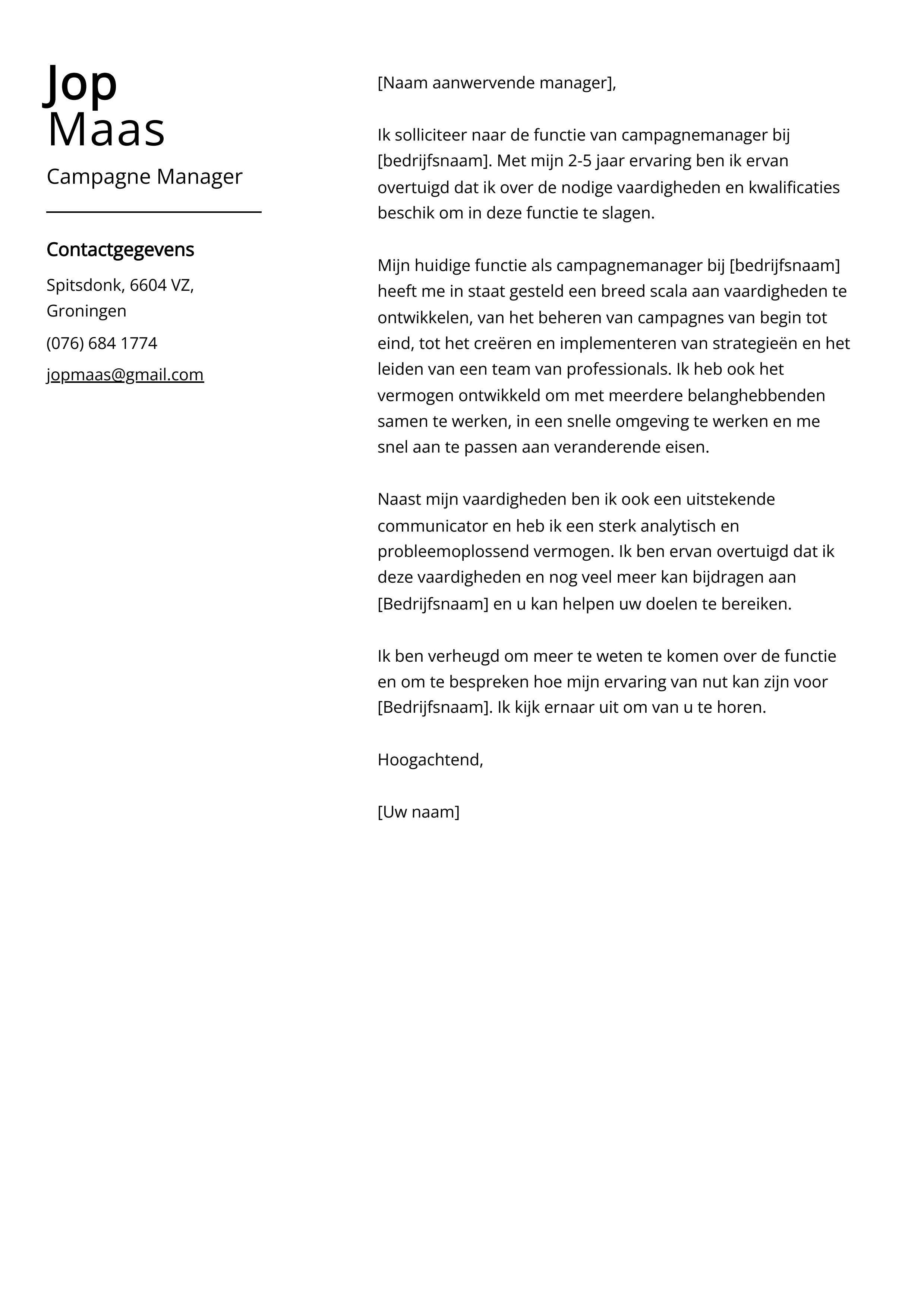 Campagne Manager Sollicitatiebrief Voorbeeld