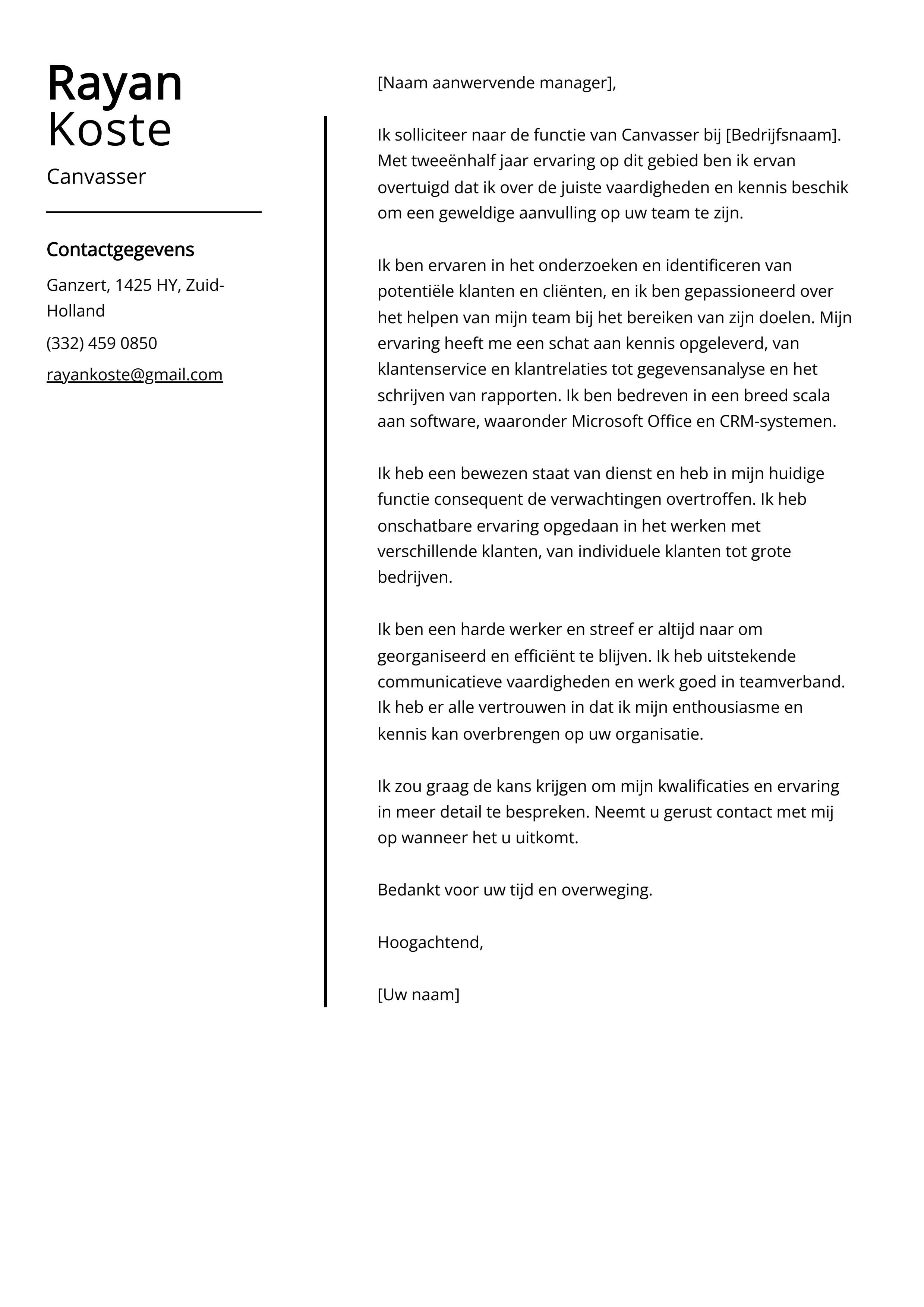 Canvasser Voorbeeld sollicitatiebrief