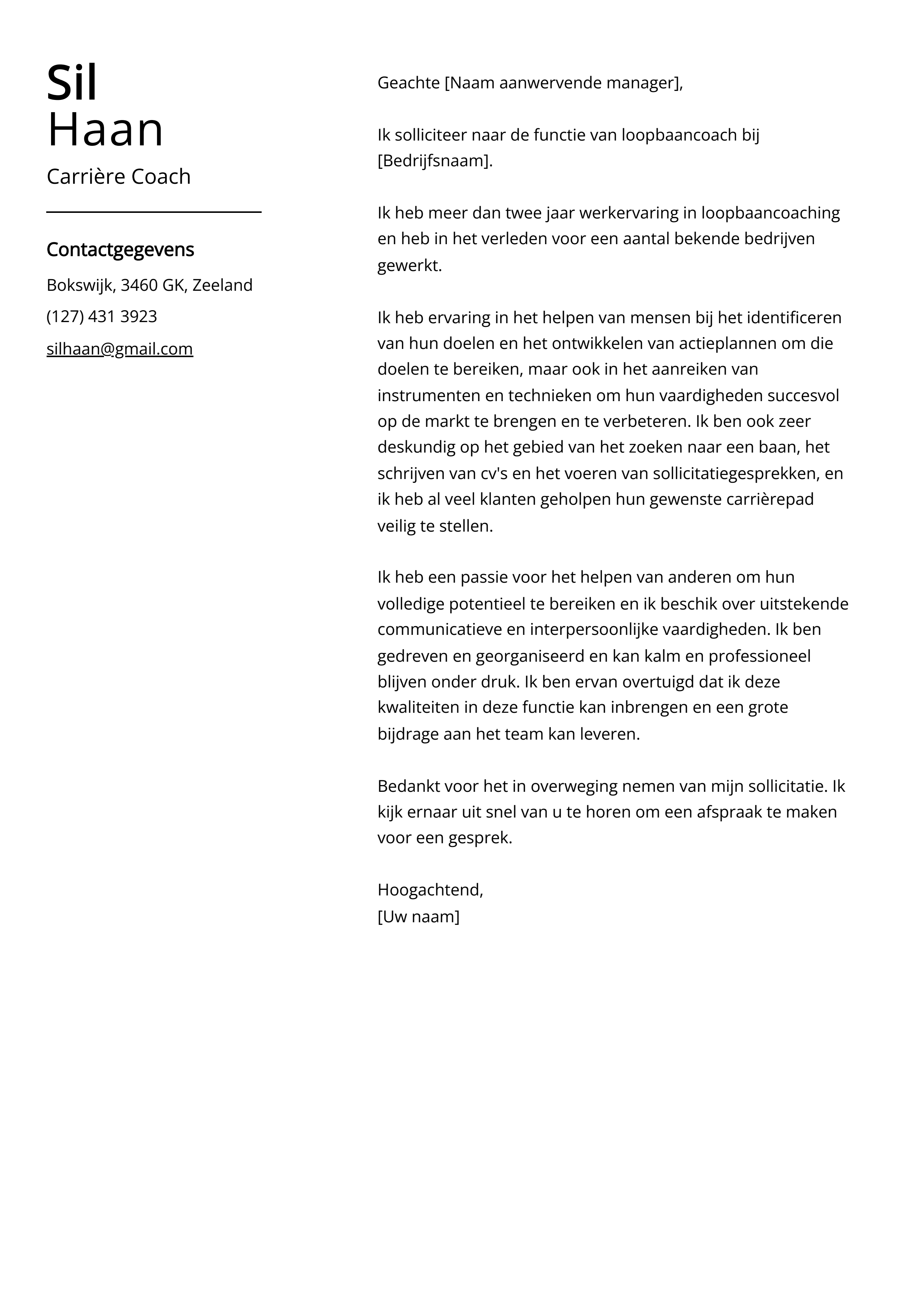 Carrière Coach Sollicitatiebrief Voorbeeld