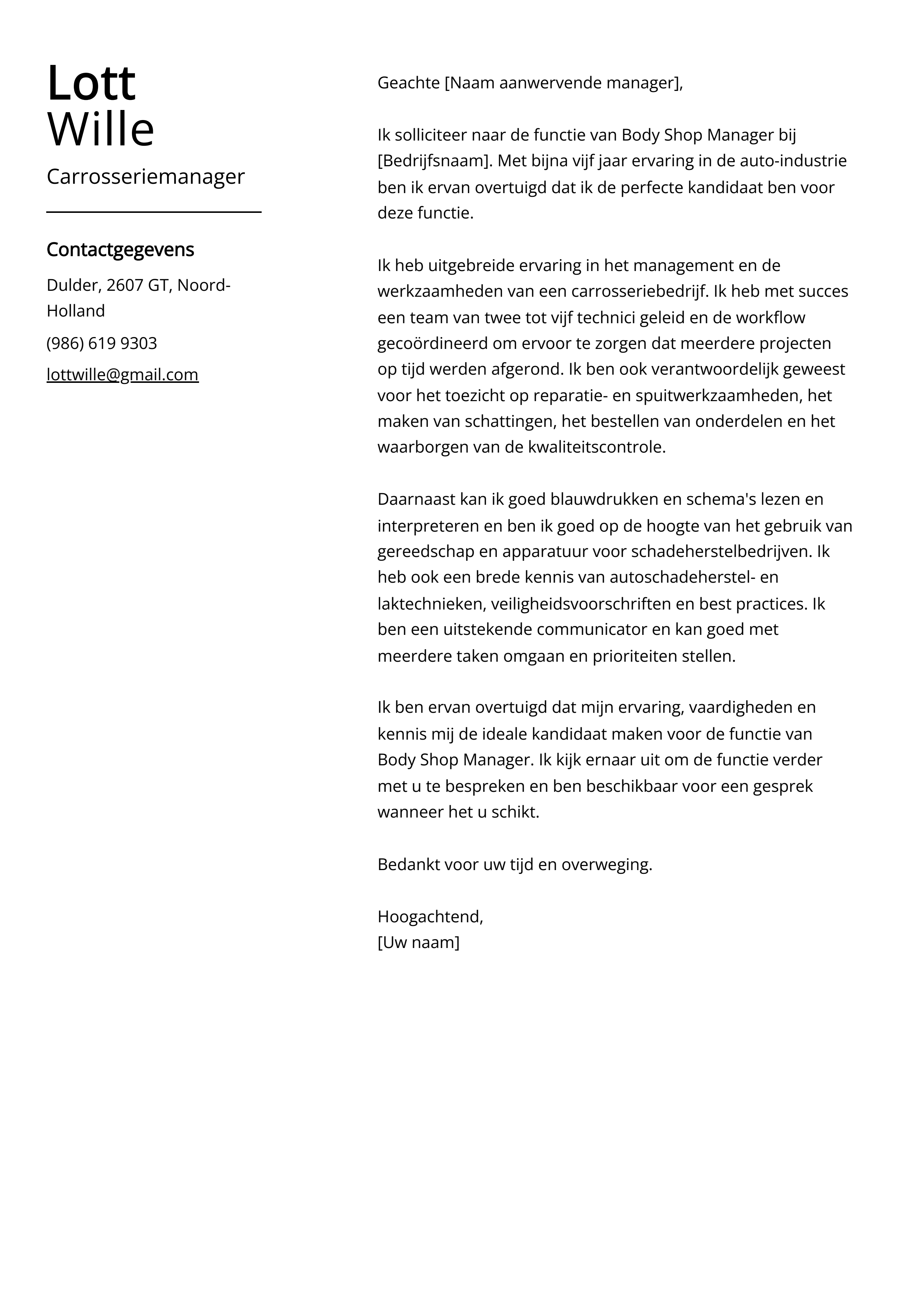 Carrosseriemanager Sollicitatiebrief Voorbeeld