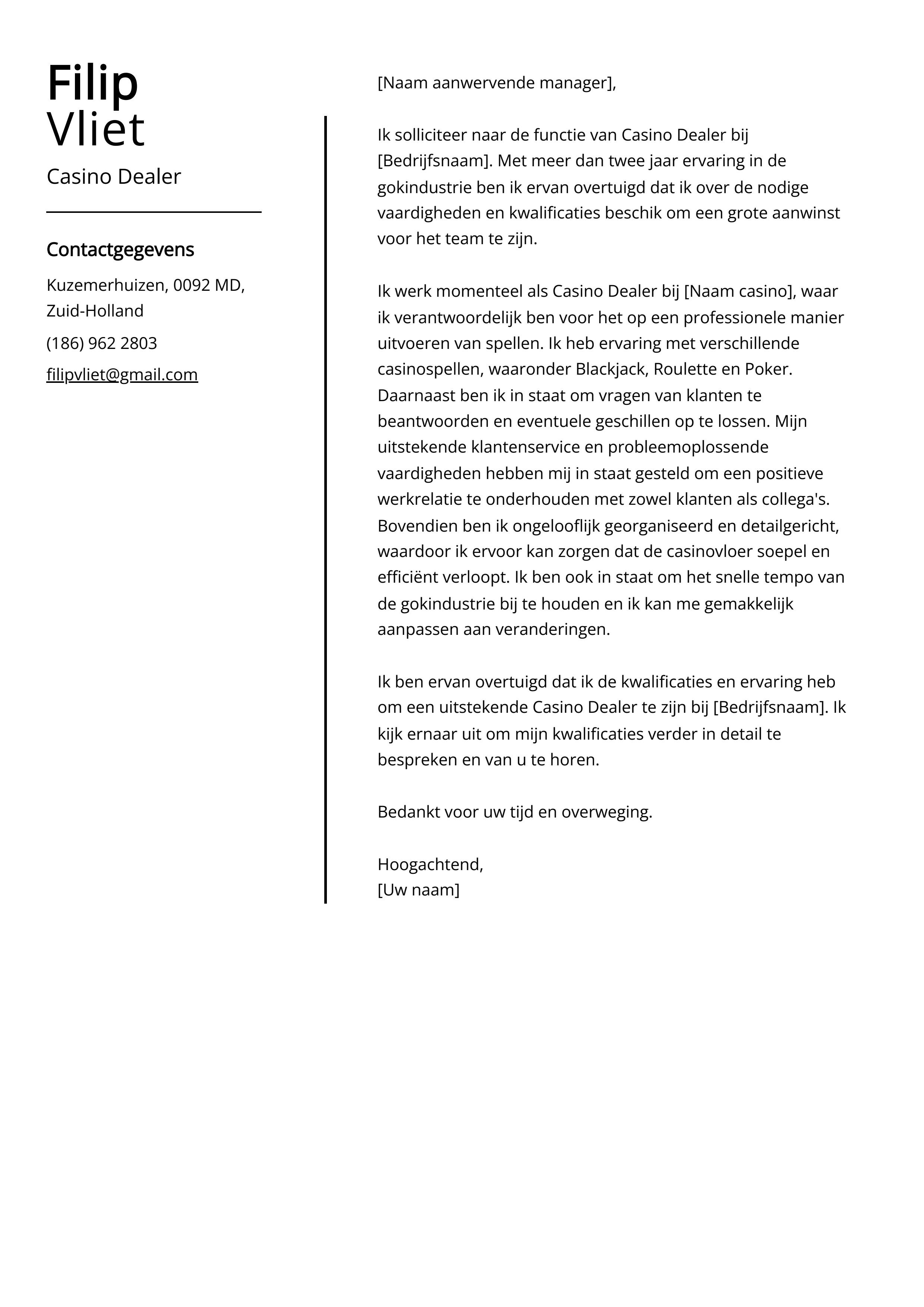 Casino Dealer Voorbeeld sollicitatiebrief