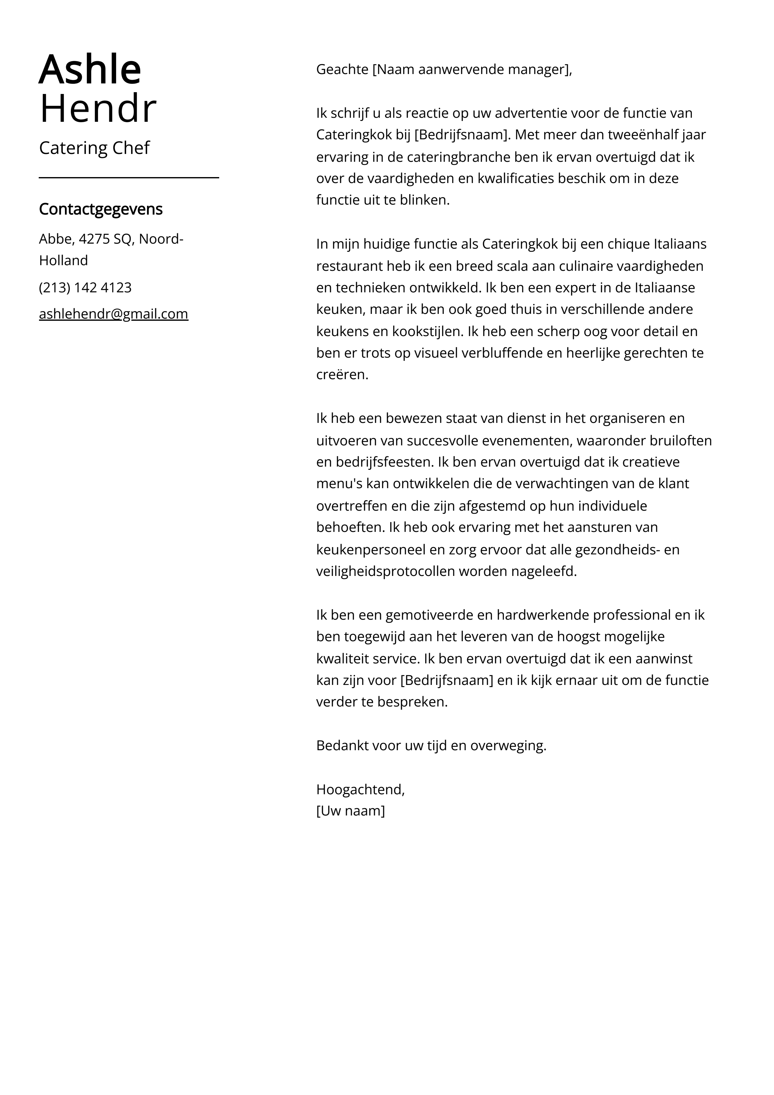 Catering Chef Voorbeeld sollicitatiebrief