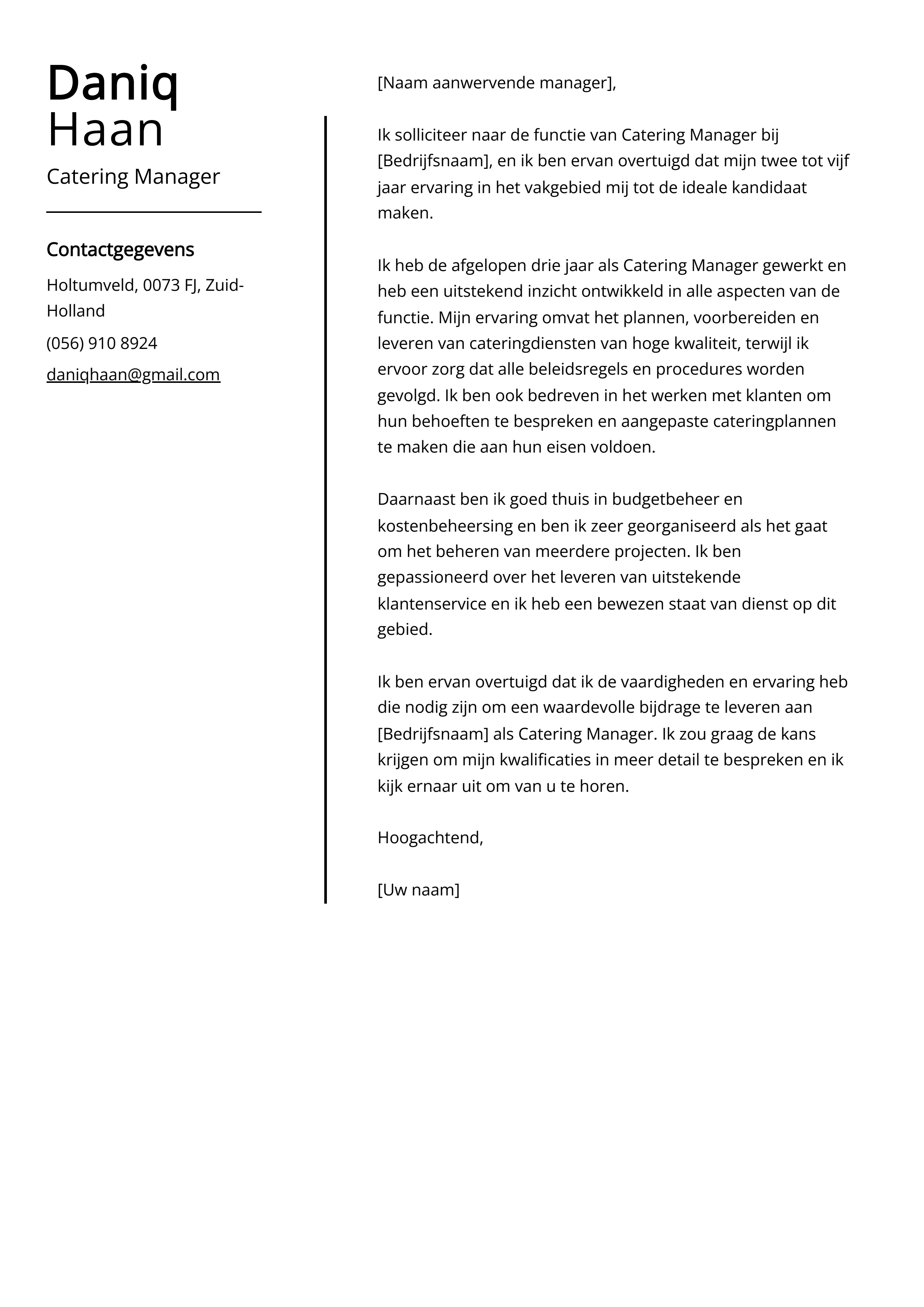 Catering Manager Voorbeeld sollicitatiebrief