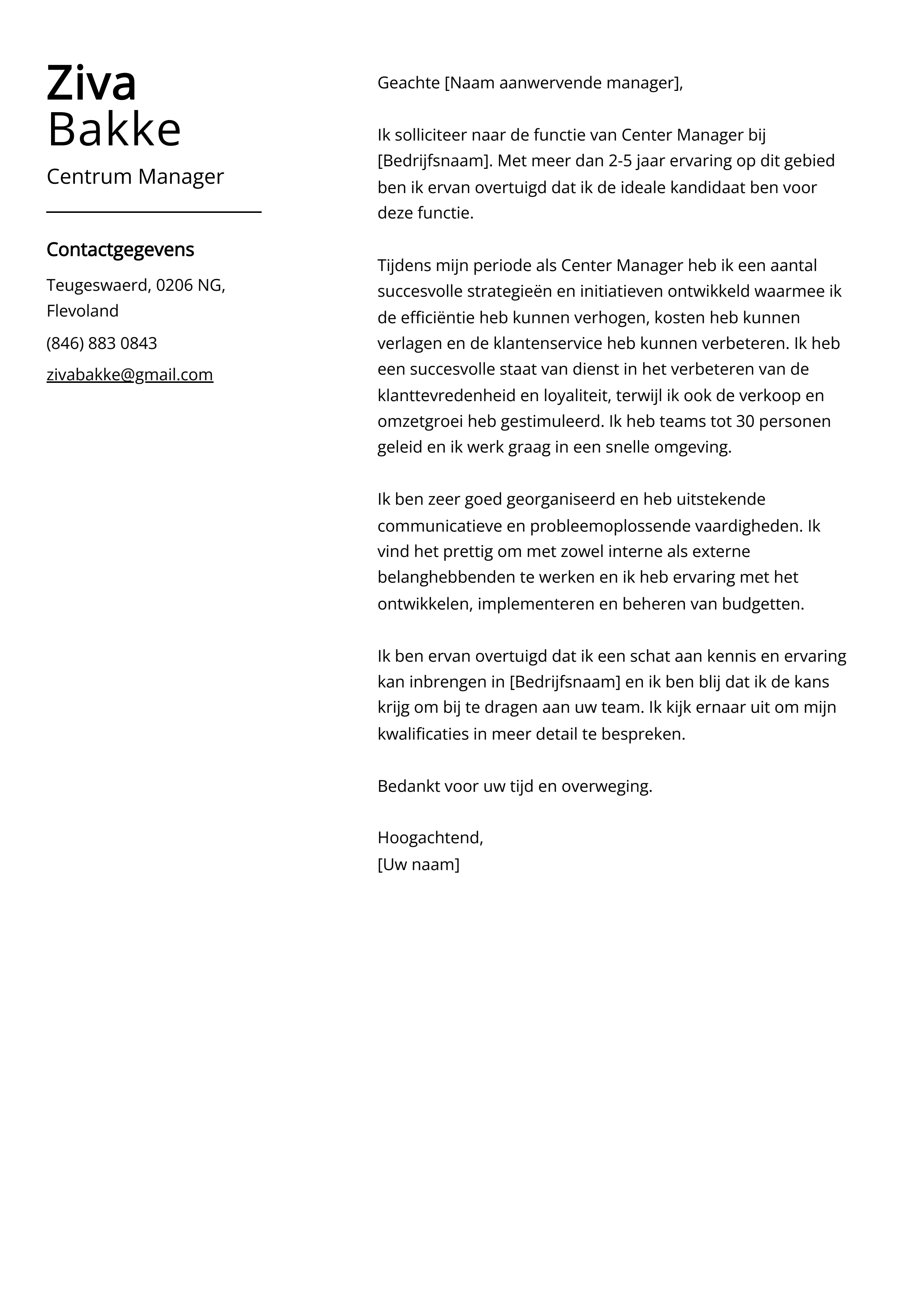 Centrum Manager Sollicitatiebrief Voorbeeld