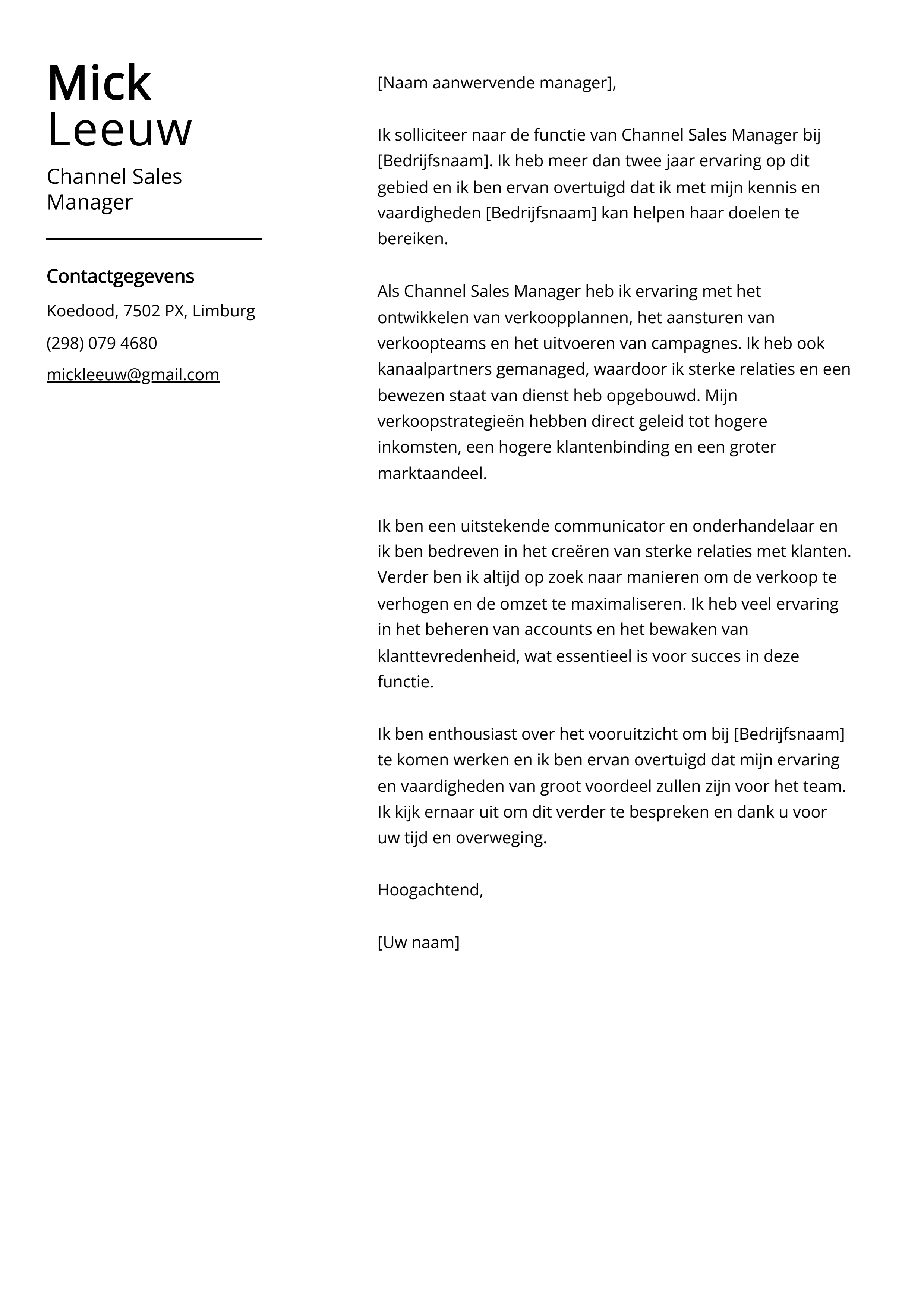 Channel Sales Manager Voorbeeld sollicitatiebrief