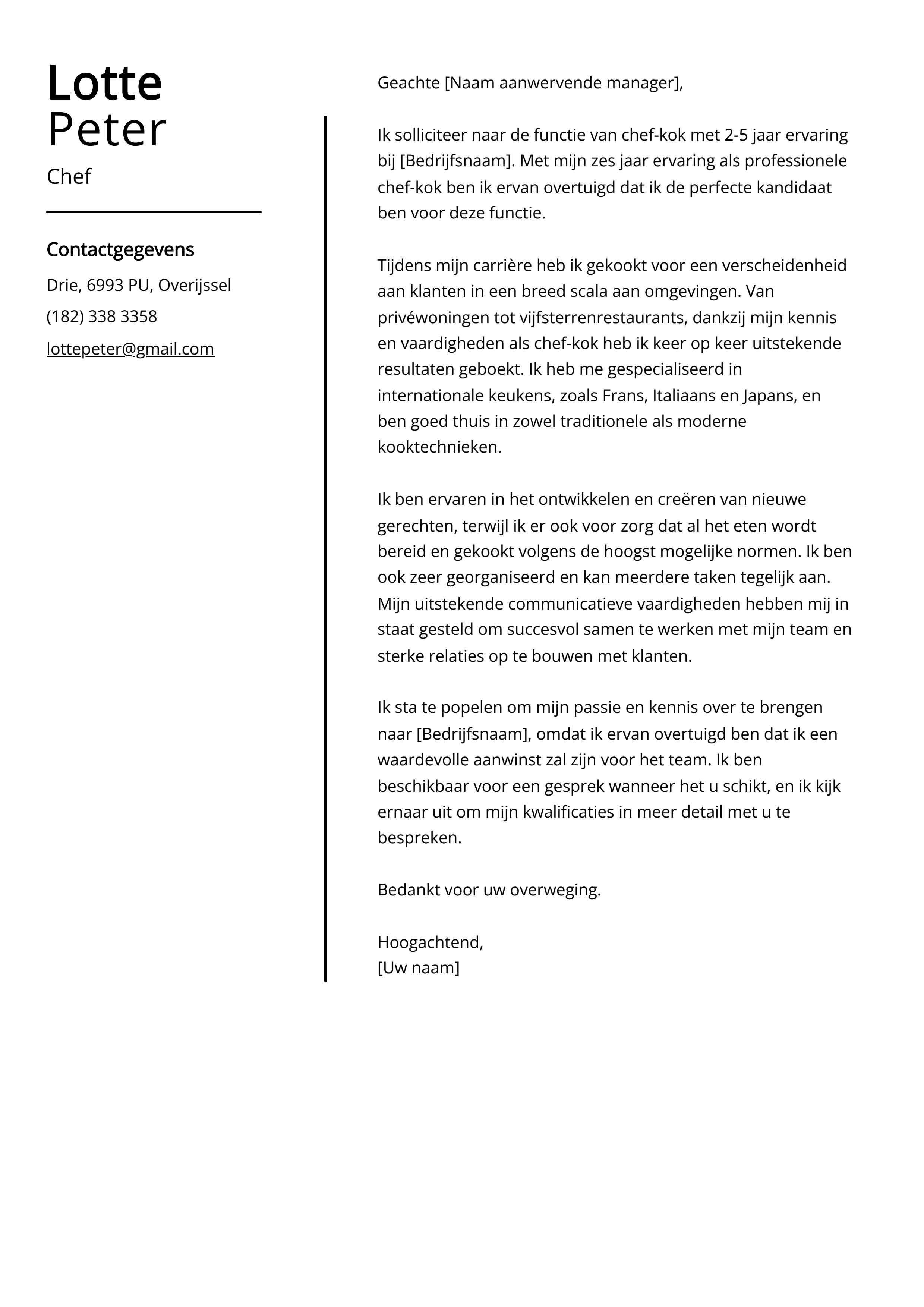 Chef Voorbeeld sollicitatiebrief