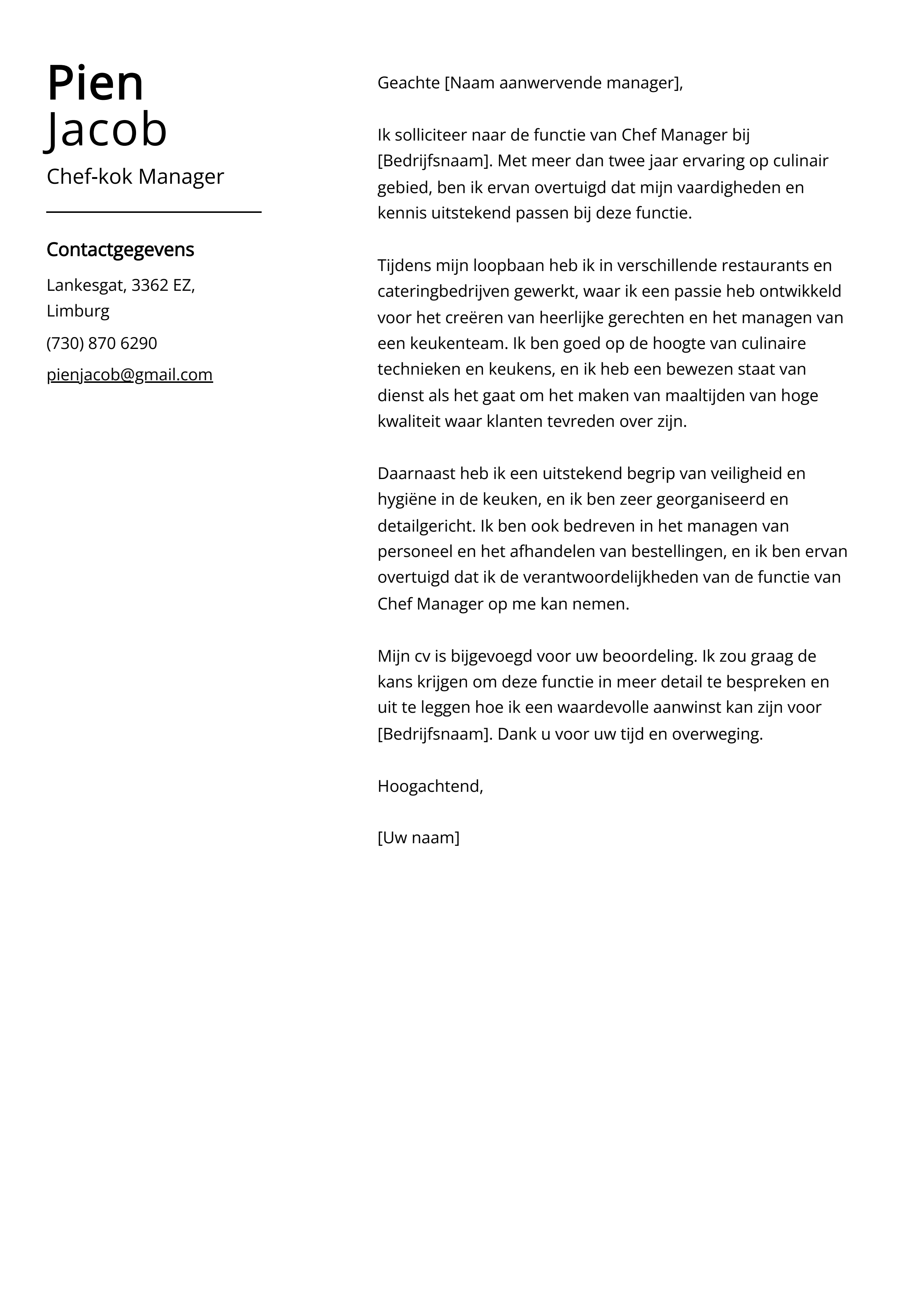 Chef-kok Manager Sollicitatiebrief Voorbeeld