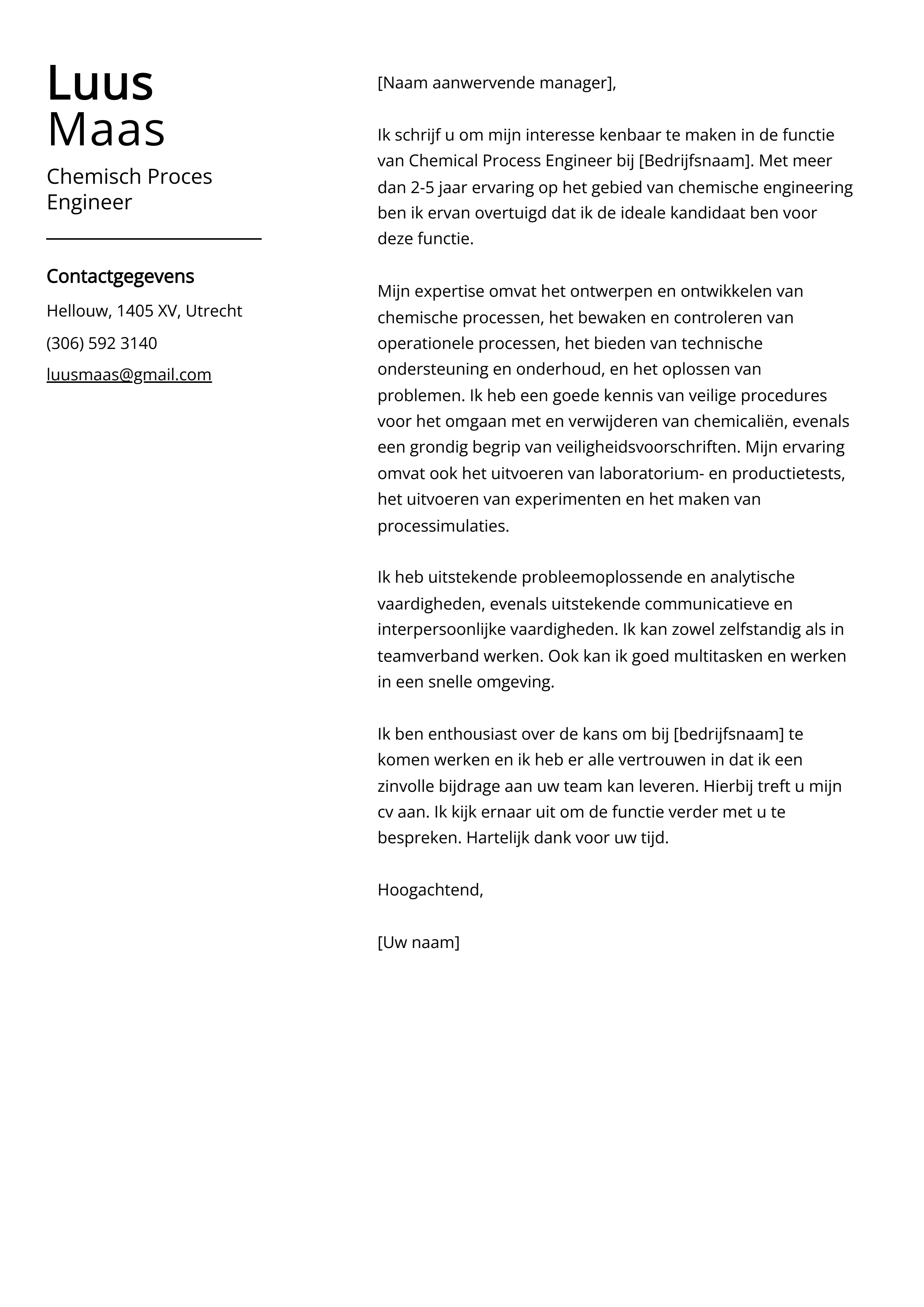 Chemisch Proces Engineer Voorbeeld sollicitatiebrief