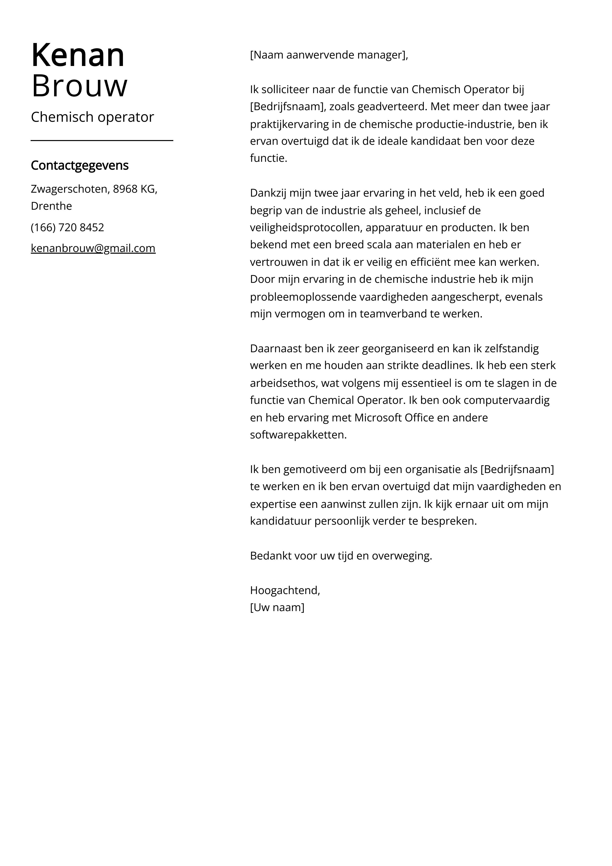 Chemisch operator Sollicitatiebrief Voorbeeld