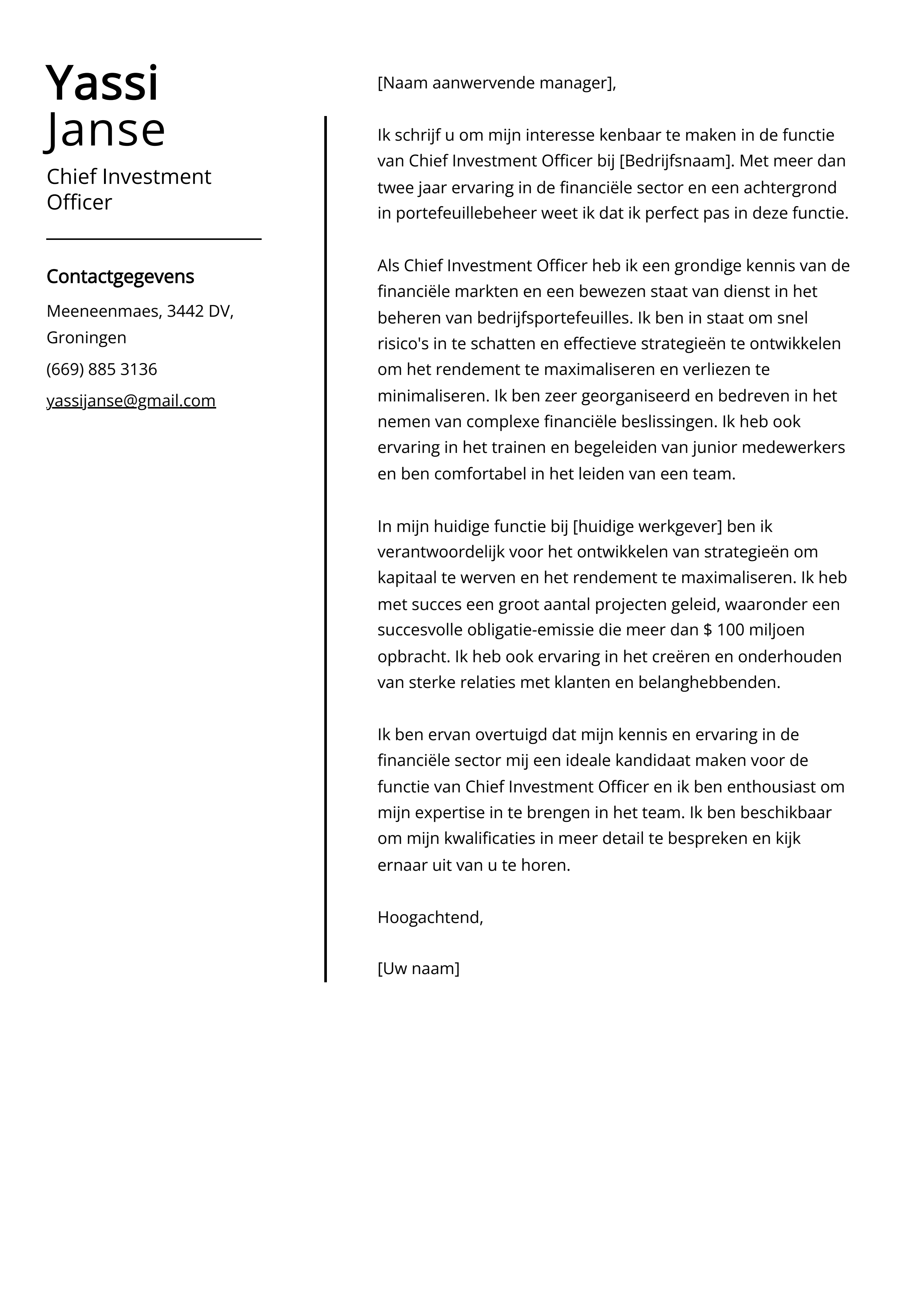 Chief Investment Officer Voorbeeld sollicitatiebrief