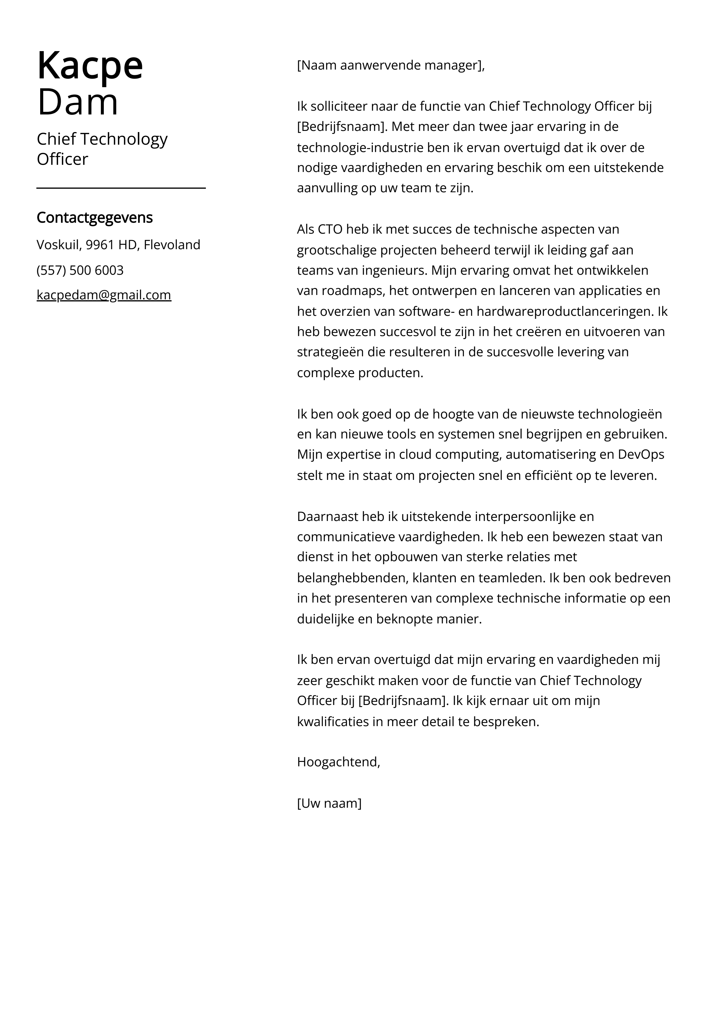 Chief Technology Officer Voorbeeld sollicitatiebrief