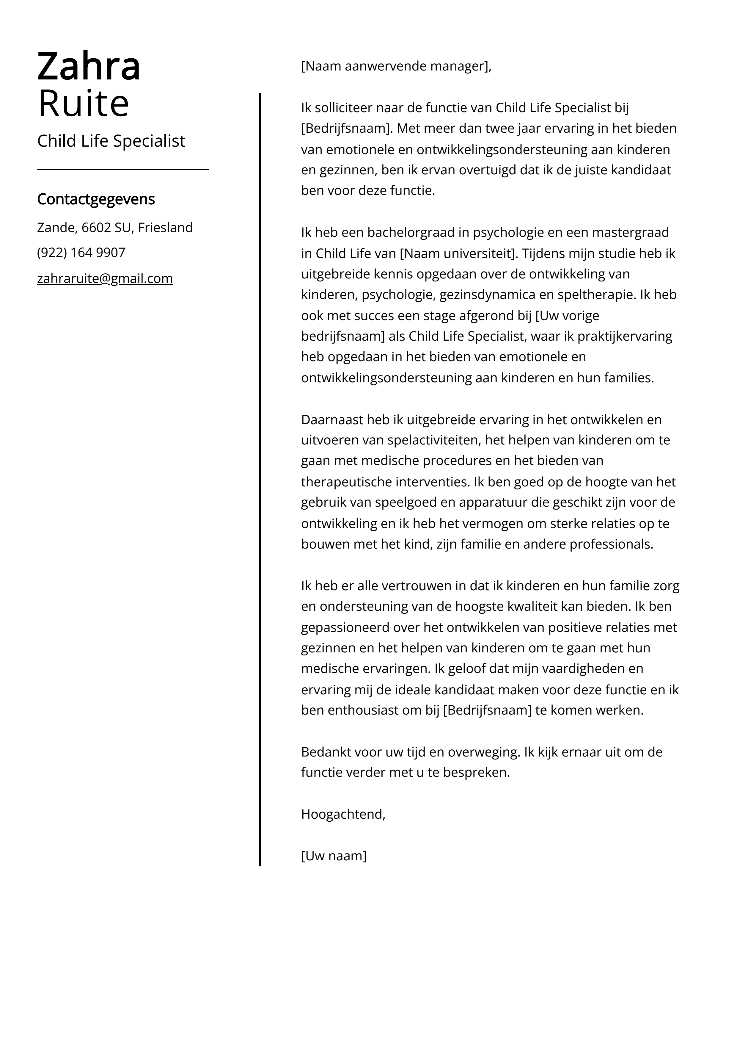 Child Life Specialist Voorbeeld sollicitatiebrief