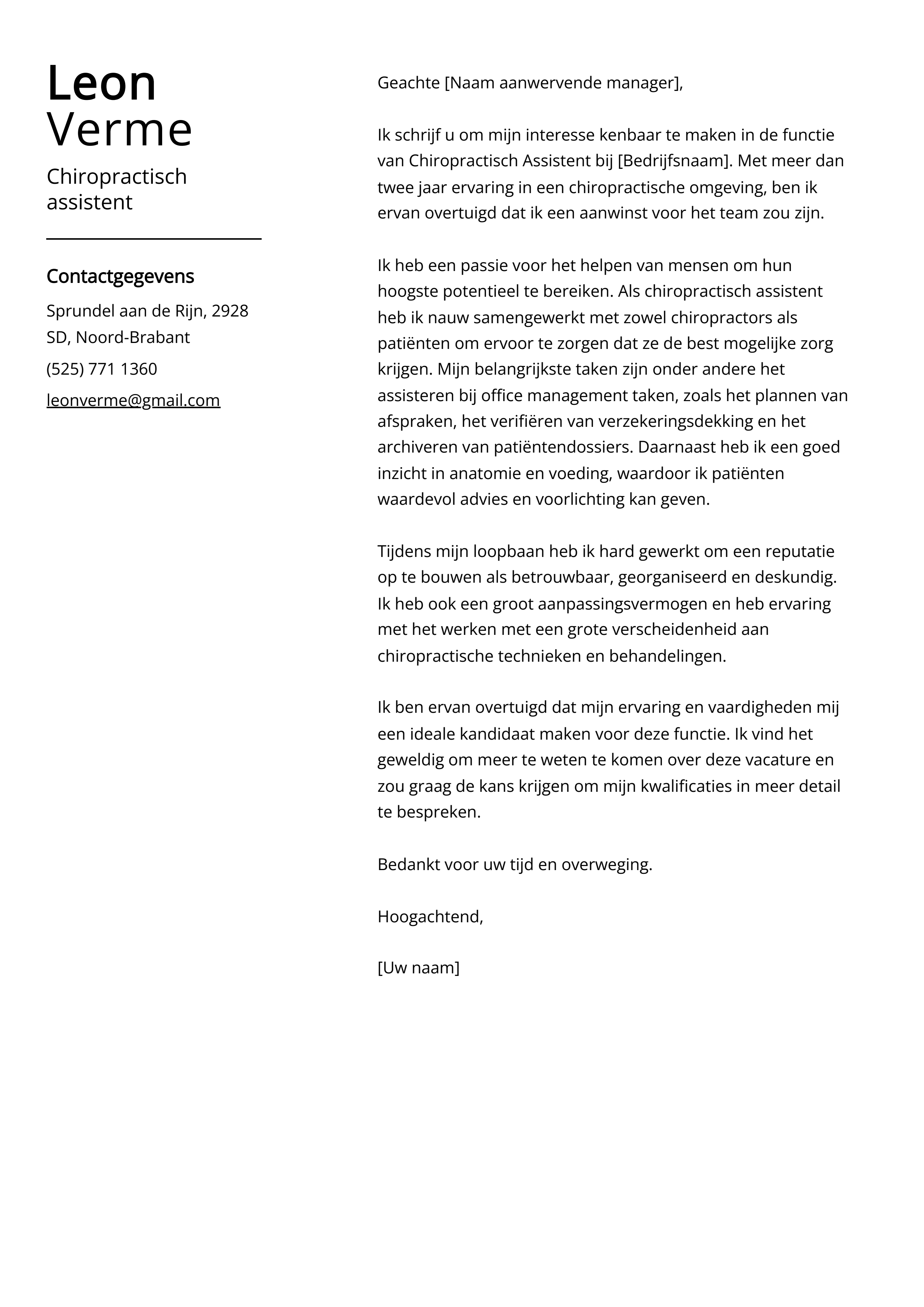 Chiropractisch assistent Voorbeeld sollicitatiebrief