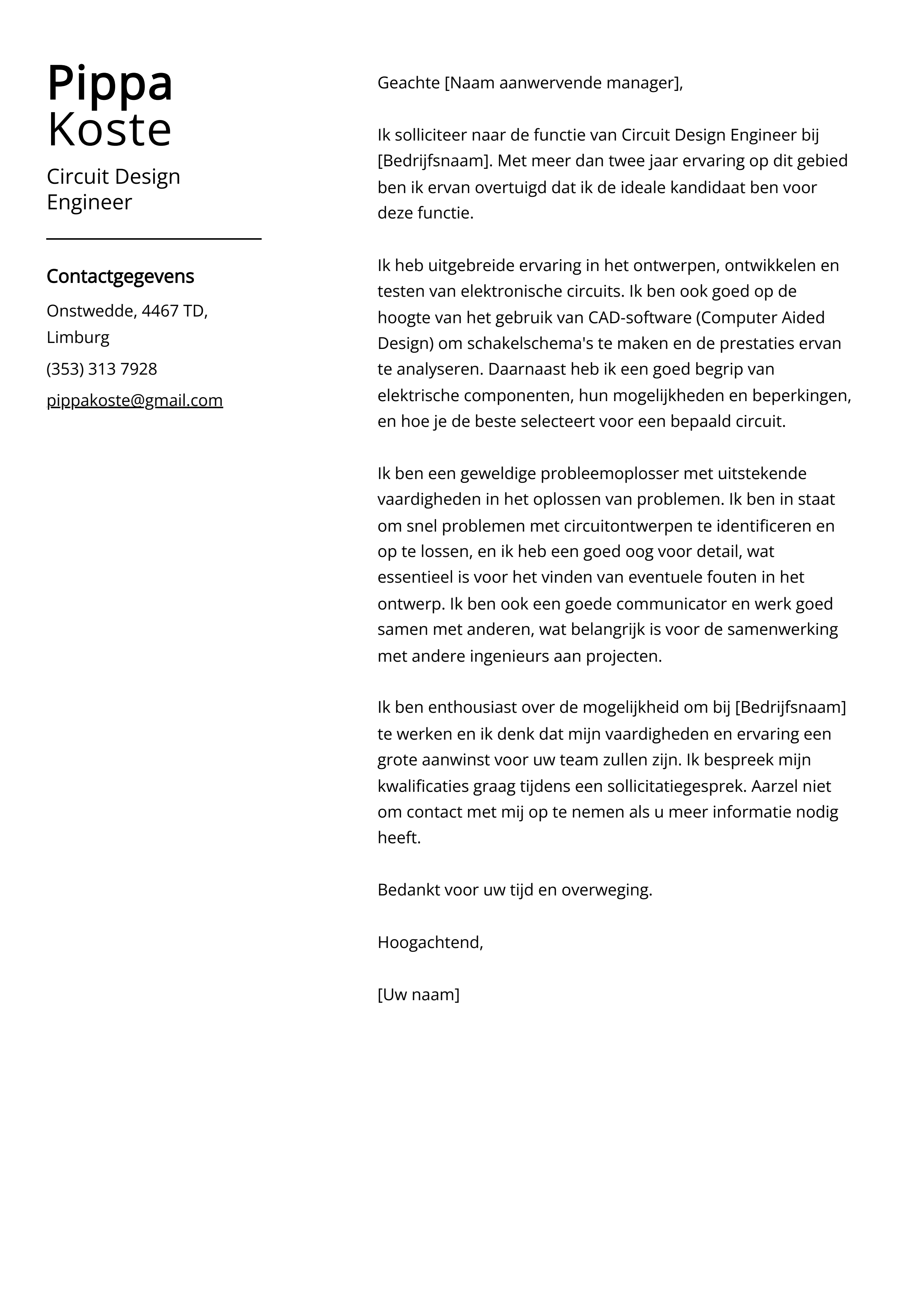 Circuit Design Engineer Voorbeeld sollicitatiebrief