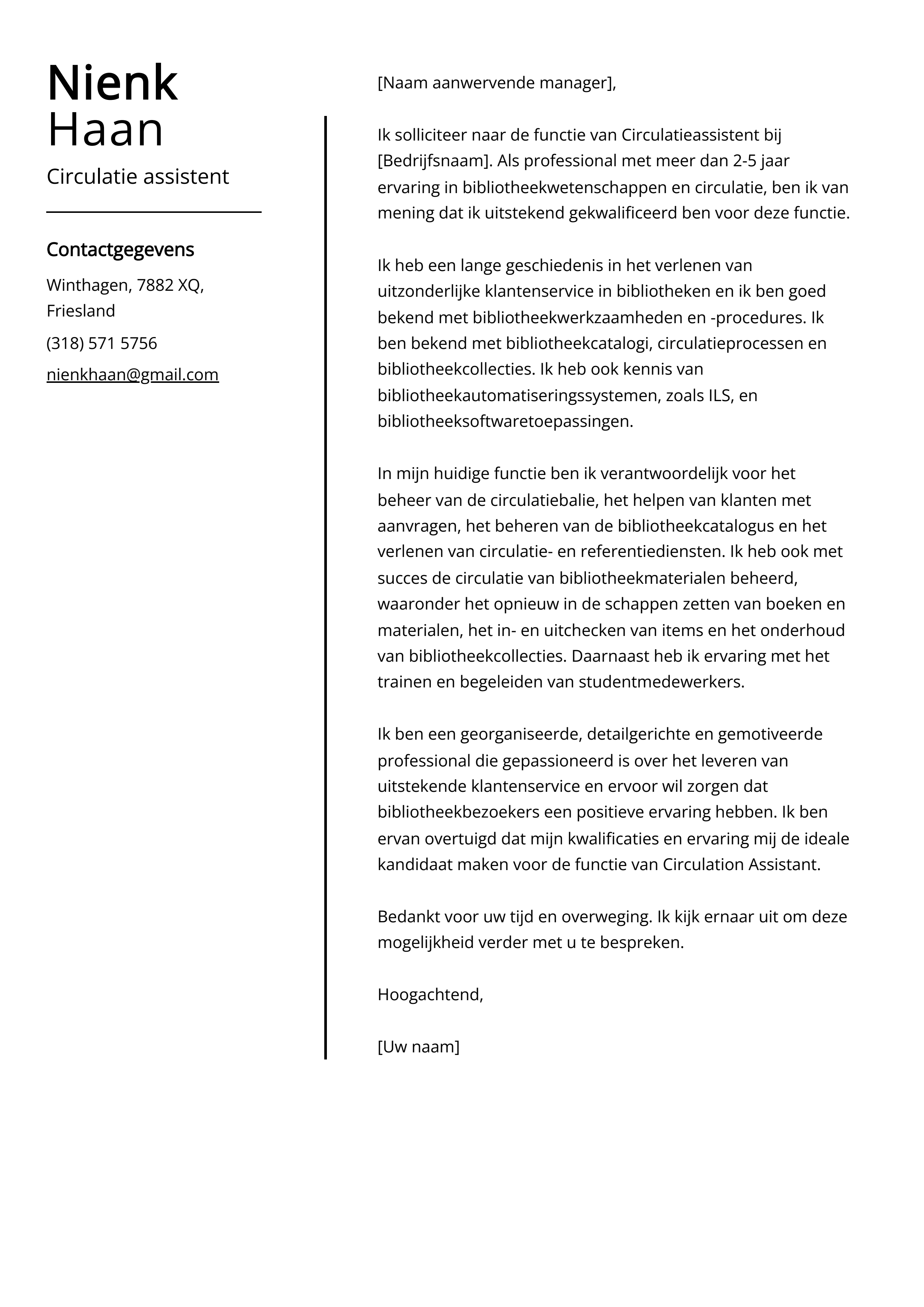 Circulatie assistent sollicitatiebrief voorbeeld