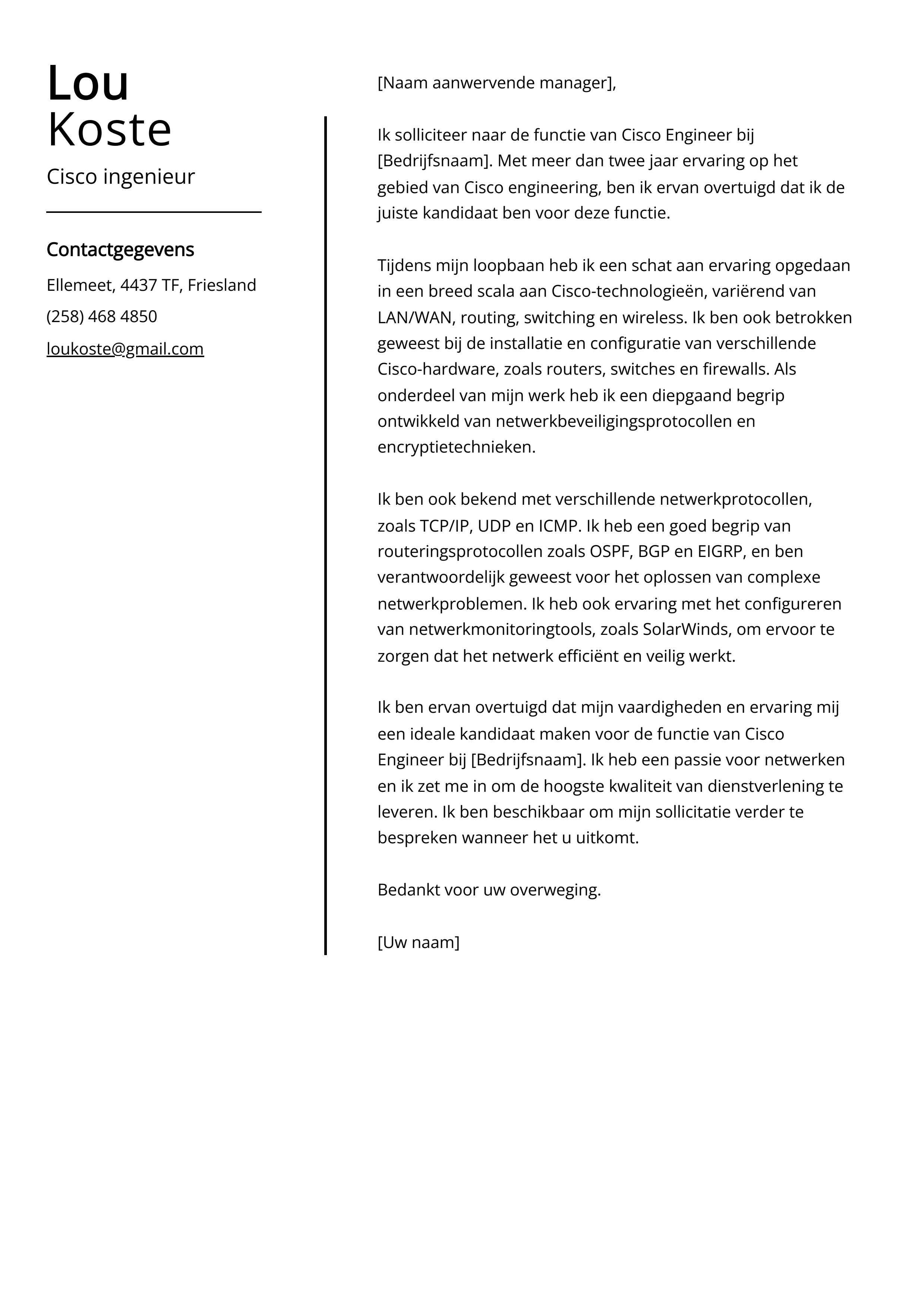 Cisco ingenieur sollicitatiebrief voorbeeld