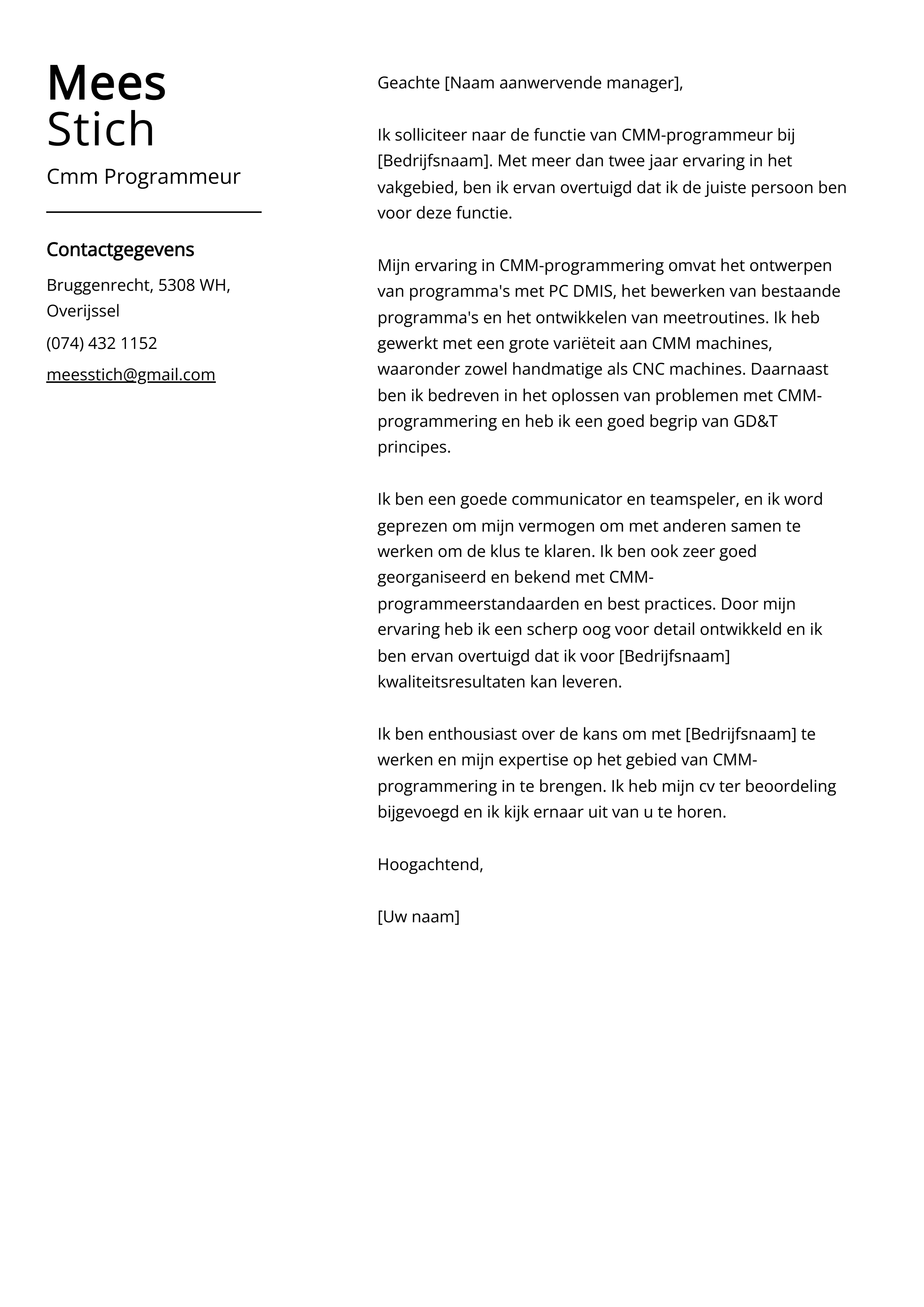 Cmm Programmeur Sollicitatiebrief Voorbeeld