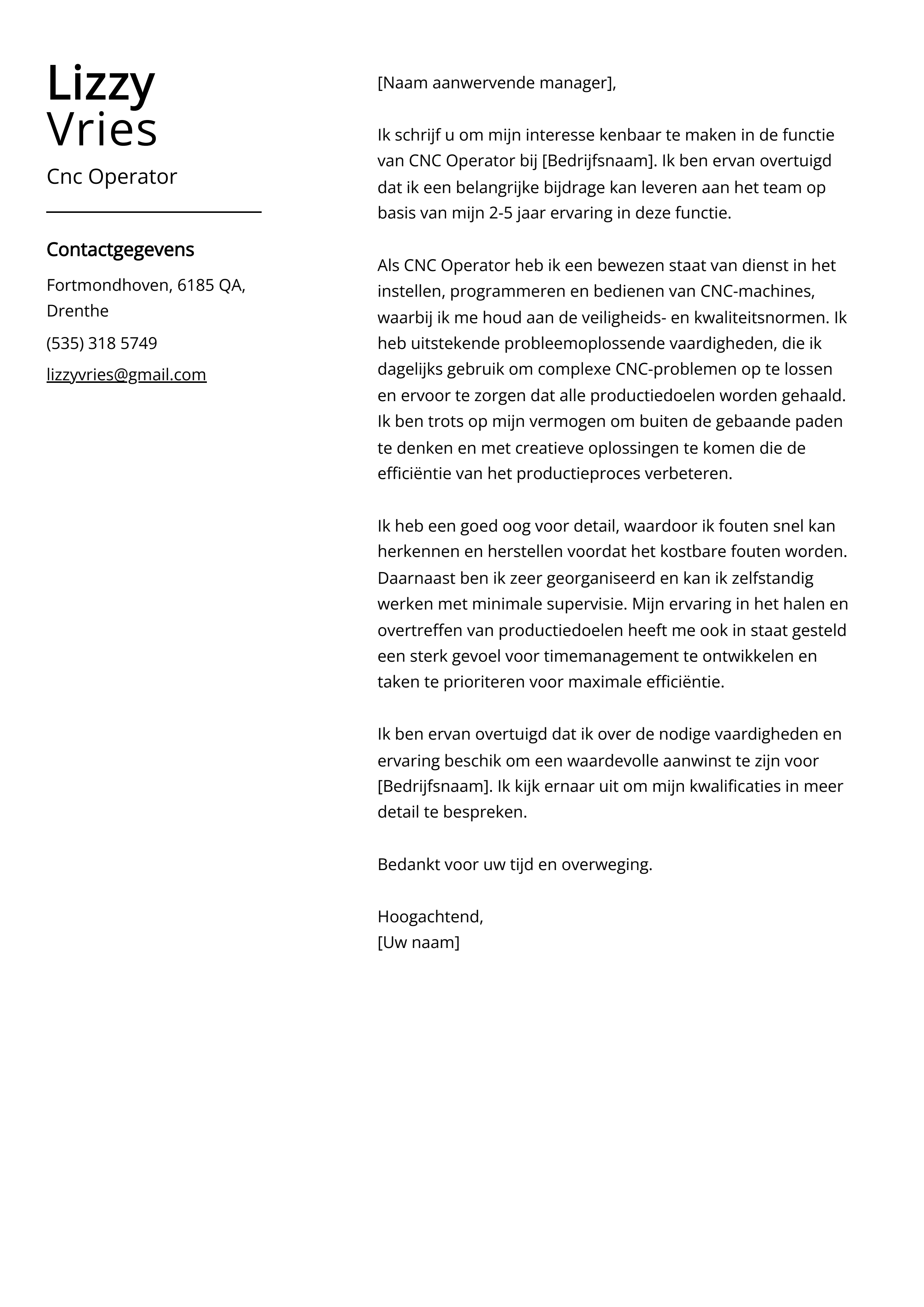 Cnc Operator Voorbeeld sollicitatiebrief