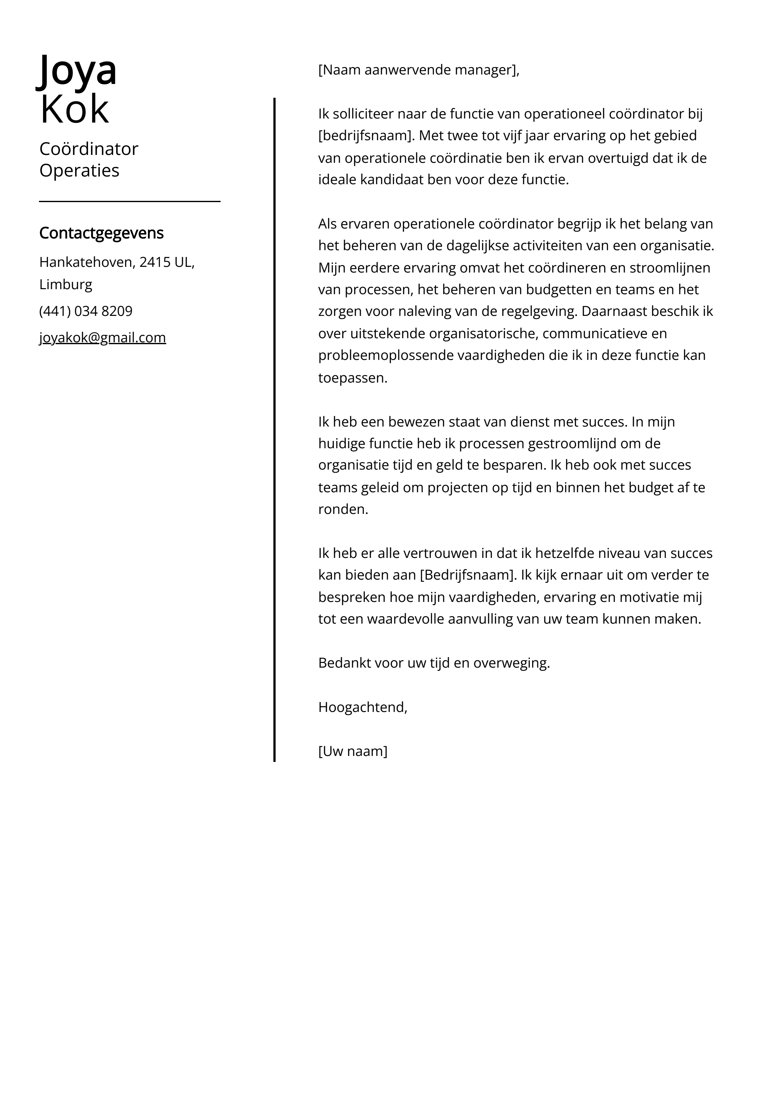 Coördinator Operaties Cover Letter Voorbeeld