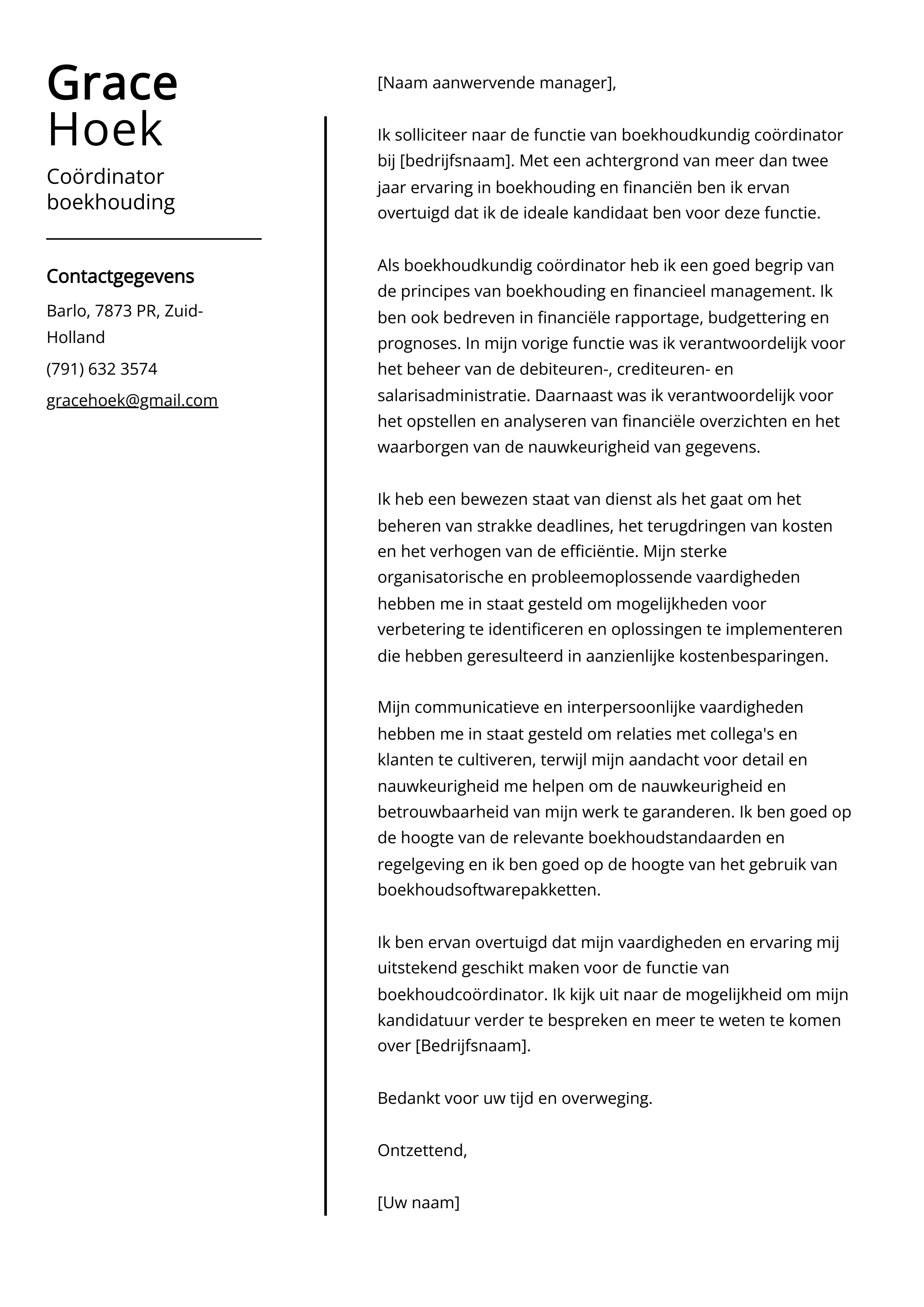 Coördinator boekhouding Voorbeeld sollicitatiebrief