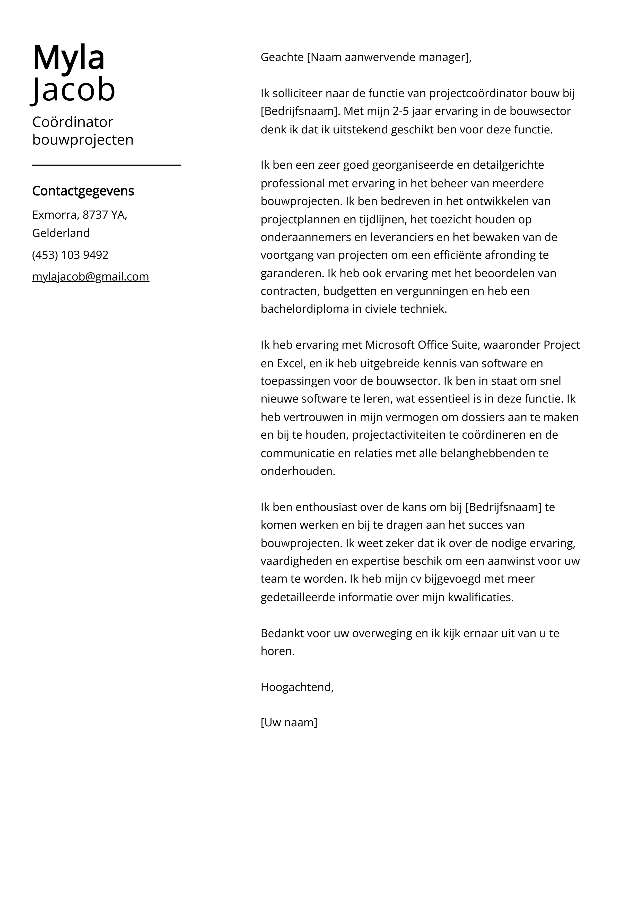 Coördinator bouwprojecten Cover Letter Voorbeeld