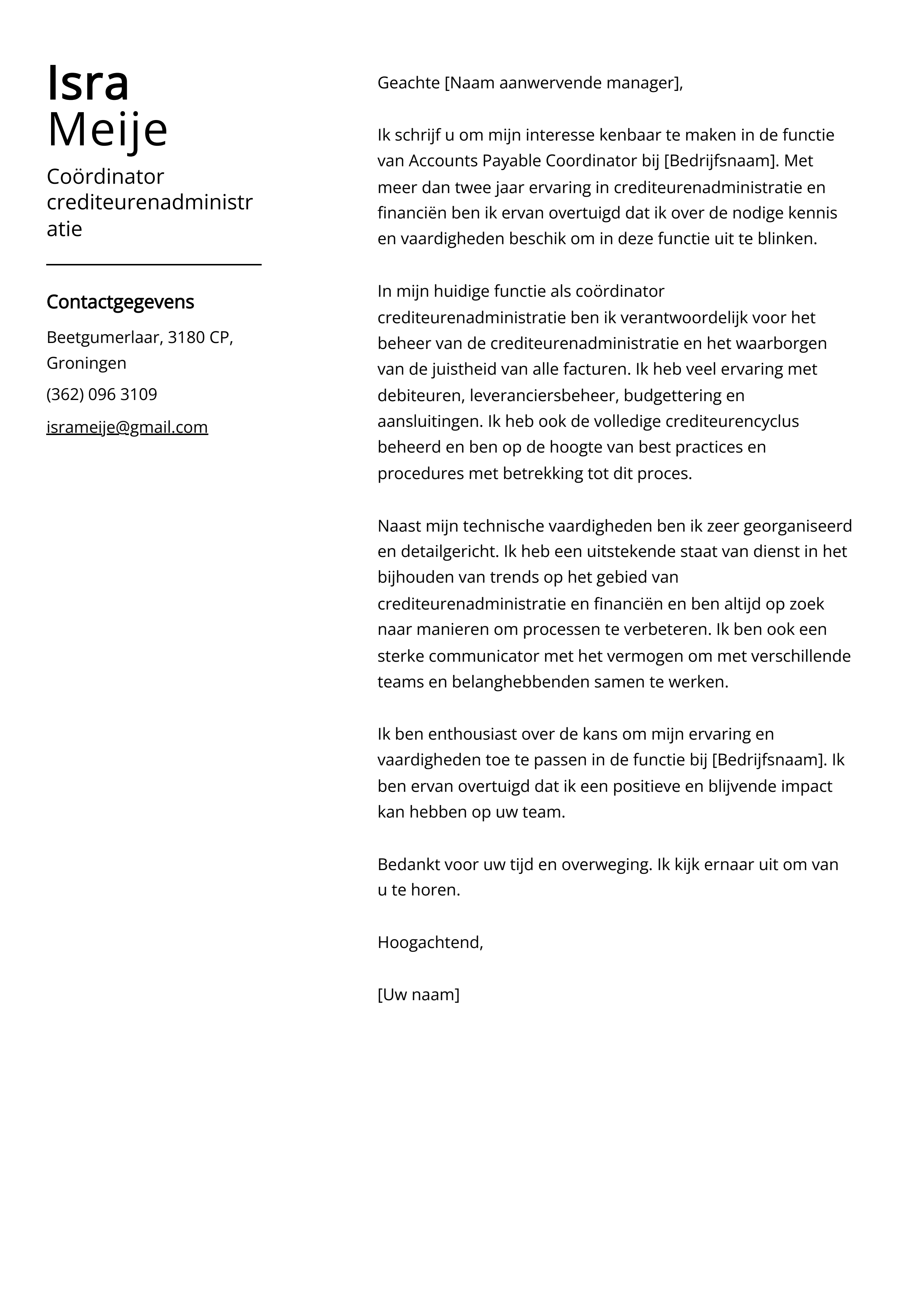 Coördinator crediteurenadministratie Voorbeeld sollicitatiebrief