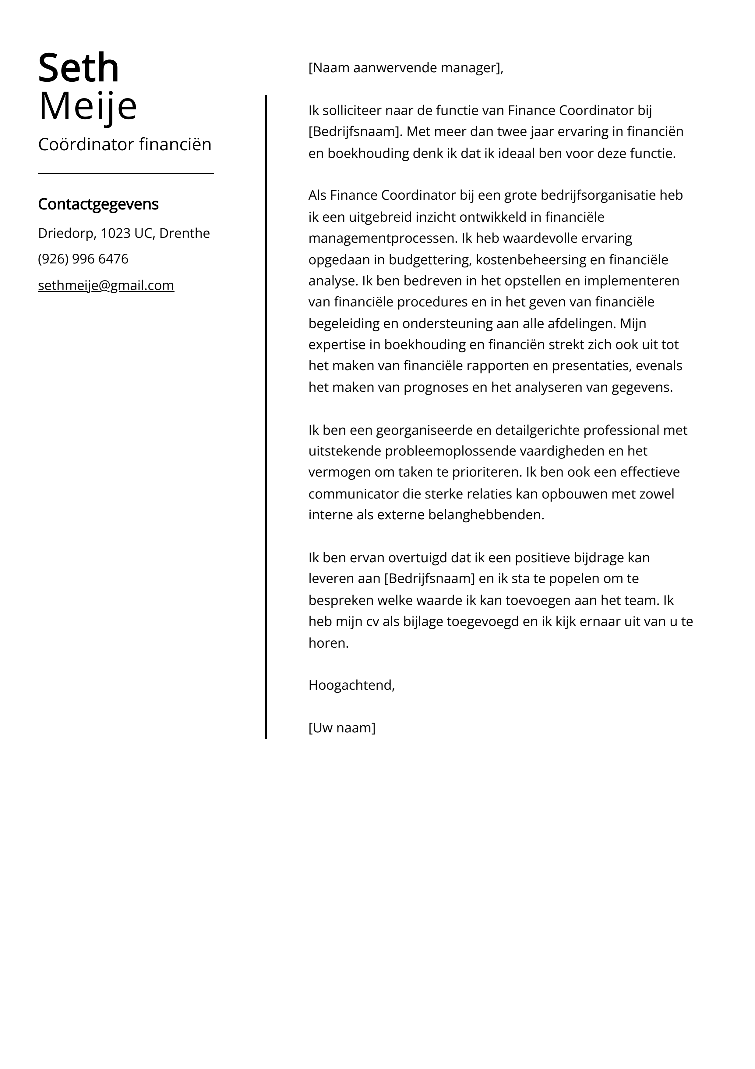 Coördinator financiën Voorbeeld sollicitatiebrief